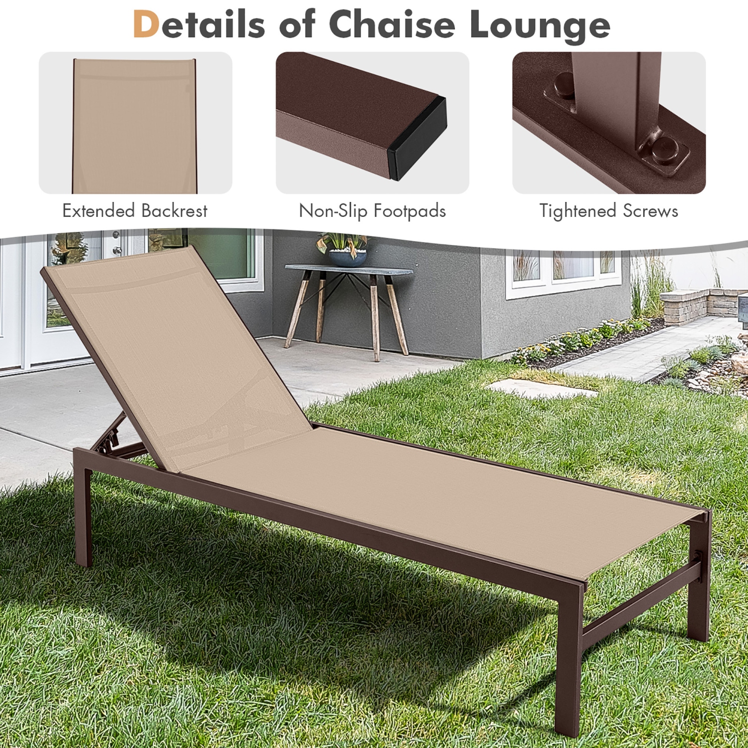 Marque Gymax, Chaise longue de Patio réglable avec dossier à 6 positions Marron