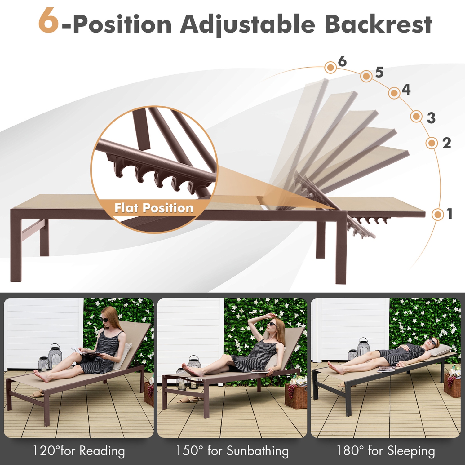 Marque Gymax, Chaise longue de Patio réglable avec dossier à 6 positions Marron