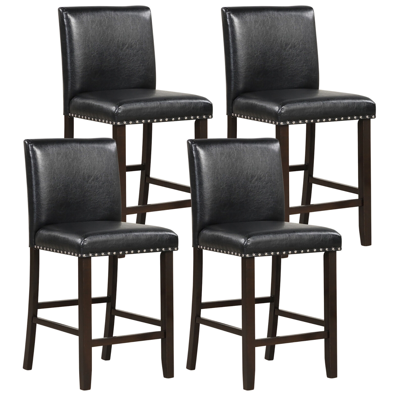 Gymax Set of 4 Bar Stools PVC Leather Counter Height Chairs for Kitchen Island Black