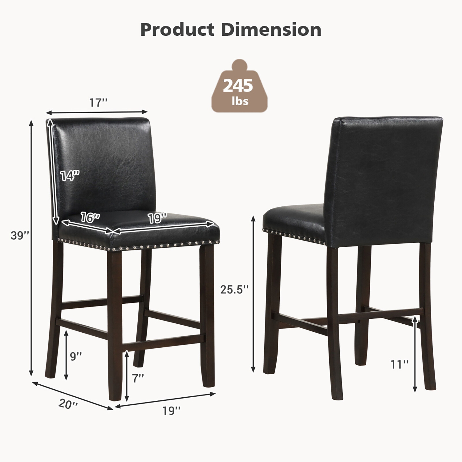 Gymax Set of 4 Bar Stools PVC Leather Counter Height Chairs for Kitchen Island Black