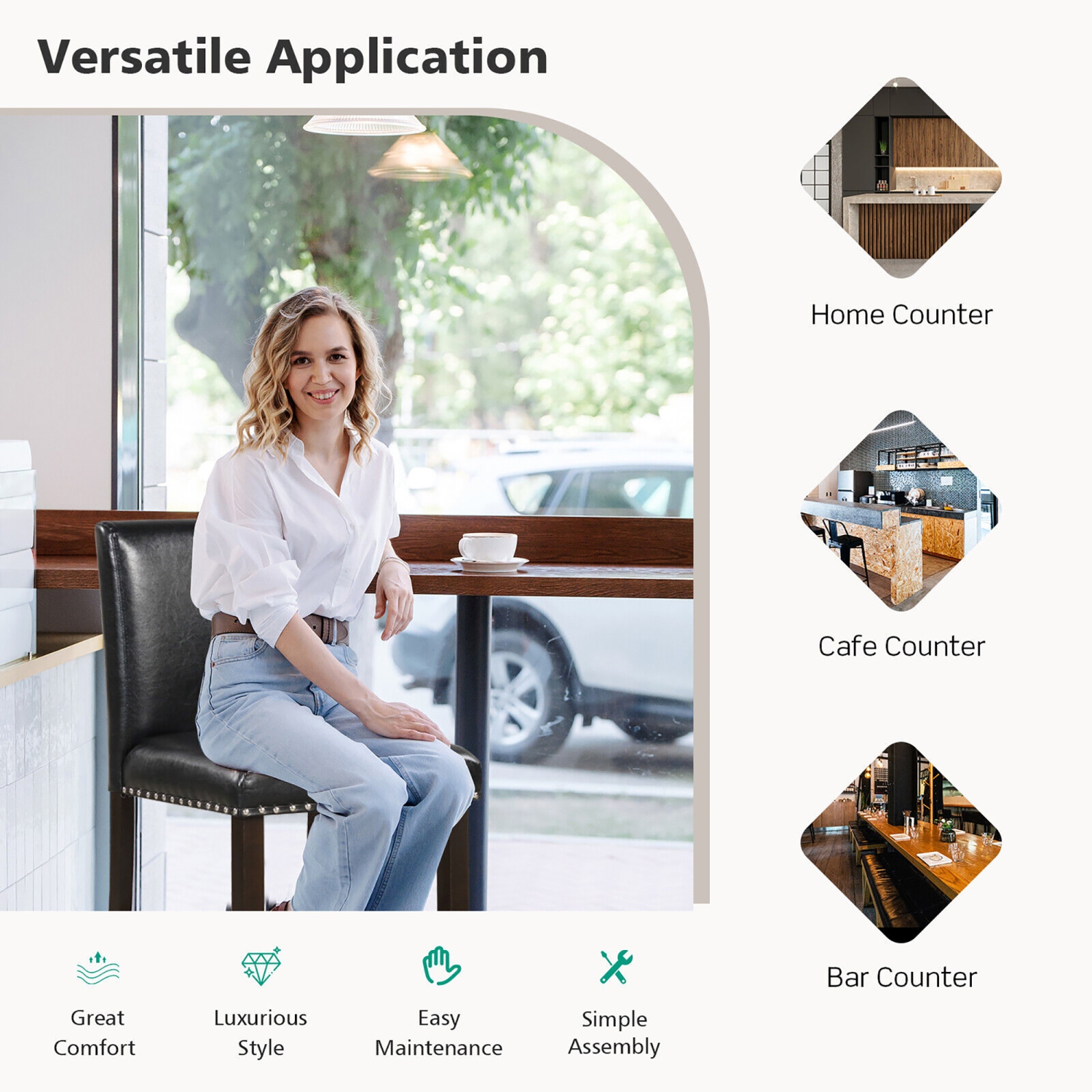 Gymax Set of 4 Bar Stools PVC Leather Counter Height Chairs for Kitchen Island Black