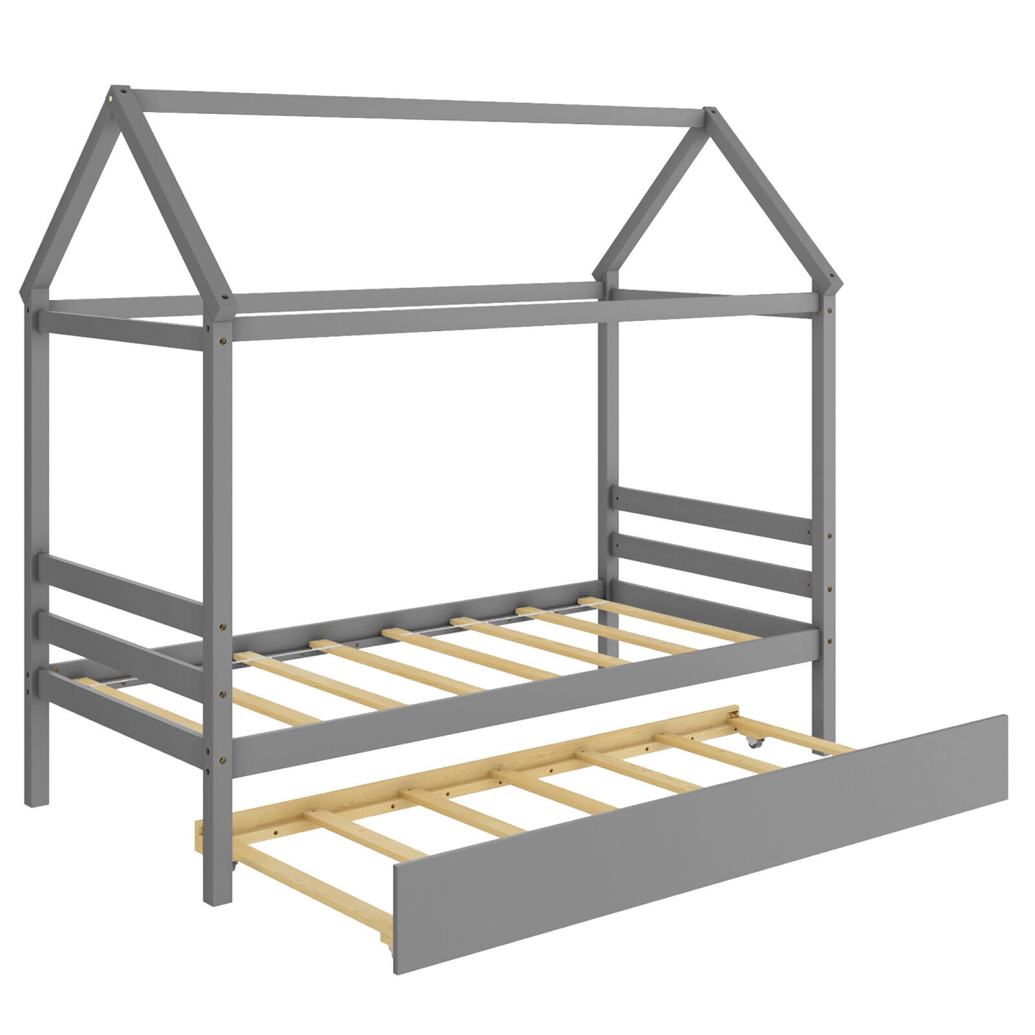 Cadre de Lit Cabane Deux Places de Marque Gymax avec lit gigogne avec toit  en plate-forme en bois, sommier Ã matelas, blanche 