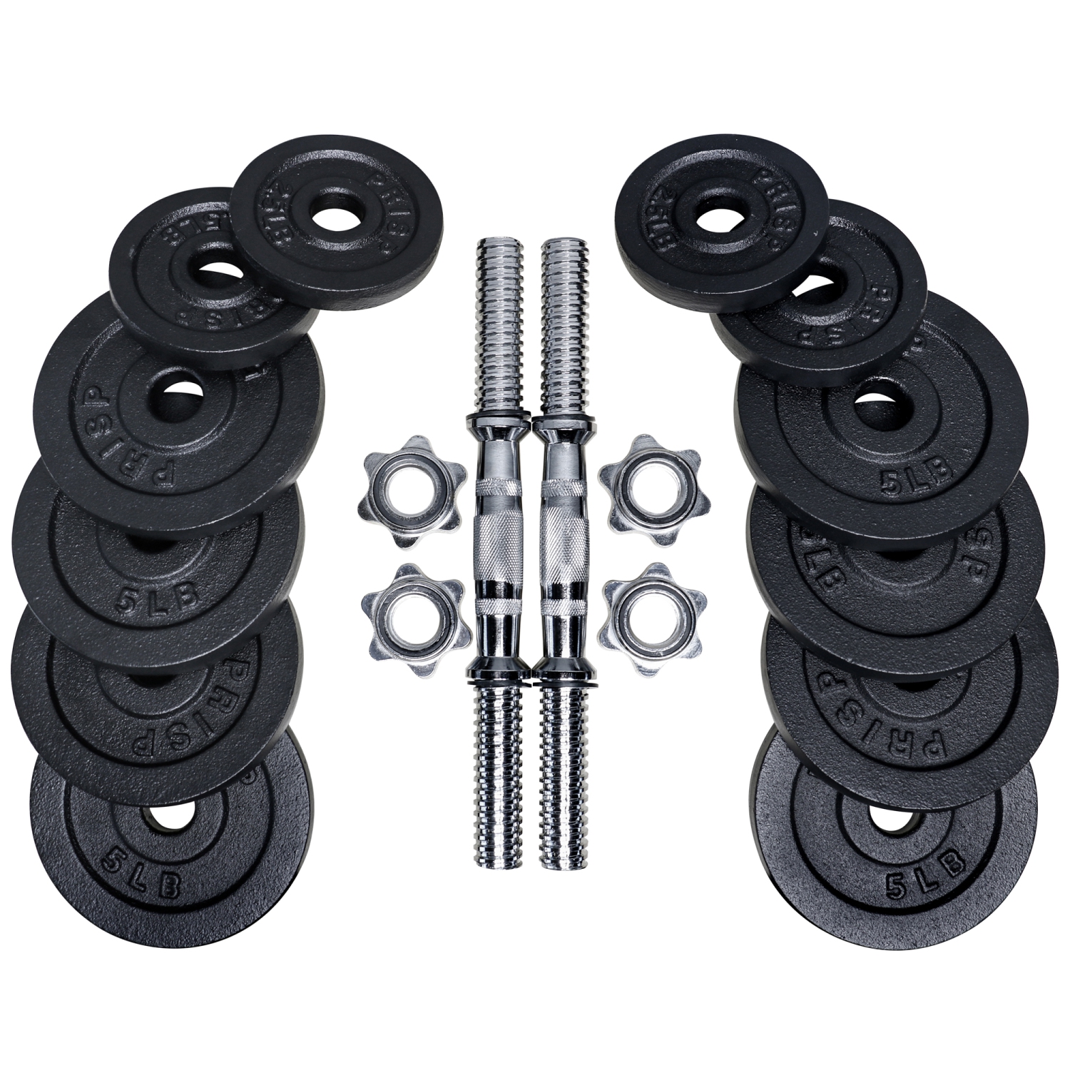 PRISP Adjustable Weight Dumbbells Set - Includes 2 Bars, Cast Iron Plates and Threaded Collars, 60 lbs