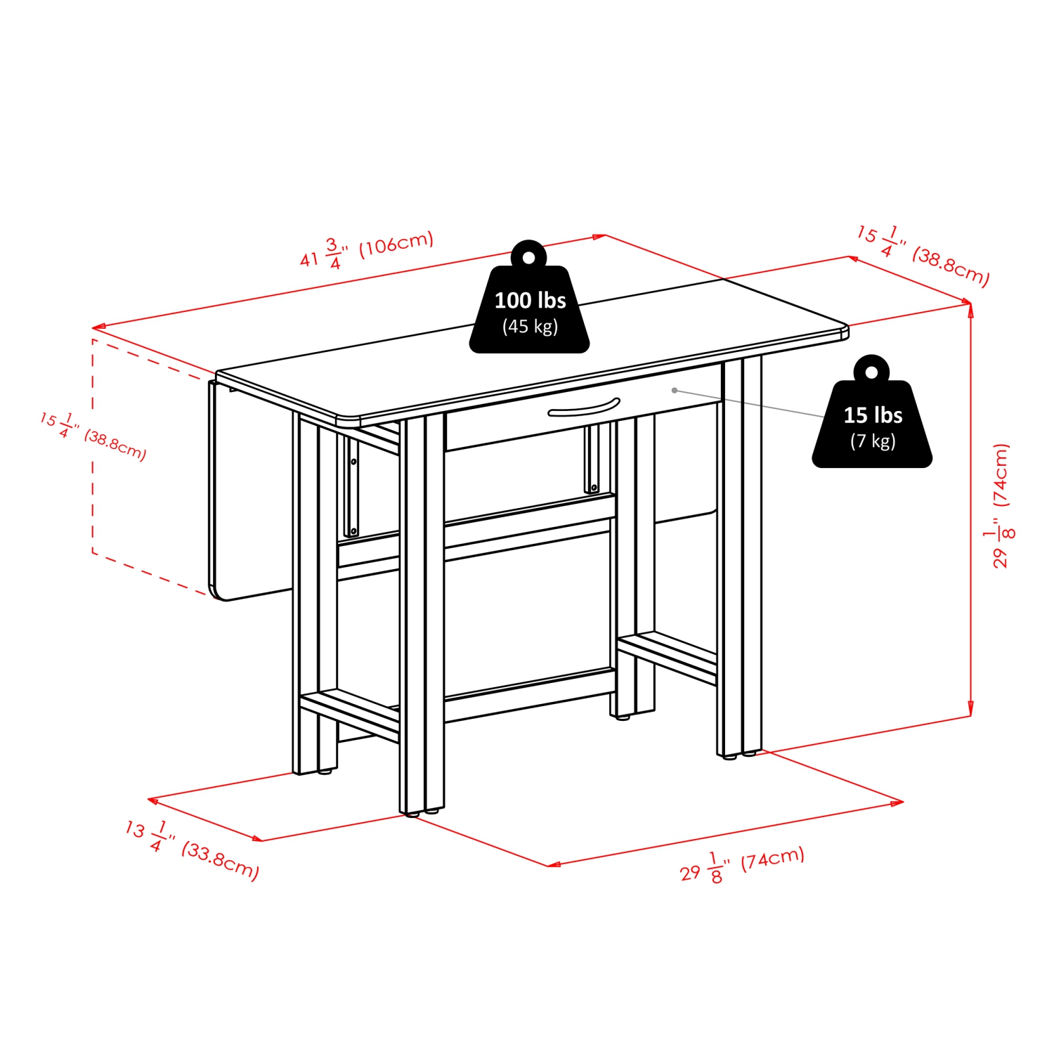 Taylor – Table à abattant avec chaises pliantes, 5 pièces, noyer