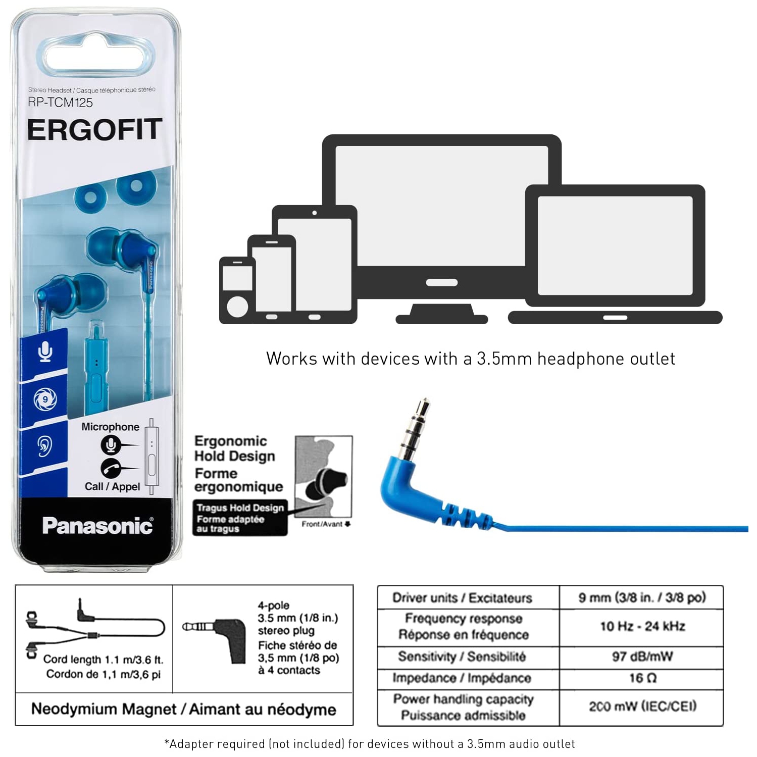 Dolaer RPTCM125A ErgoFit In-Ear Earbud Headphones with Mic and Controller, Blue