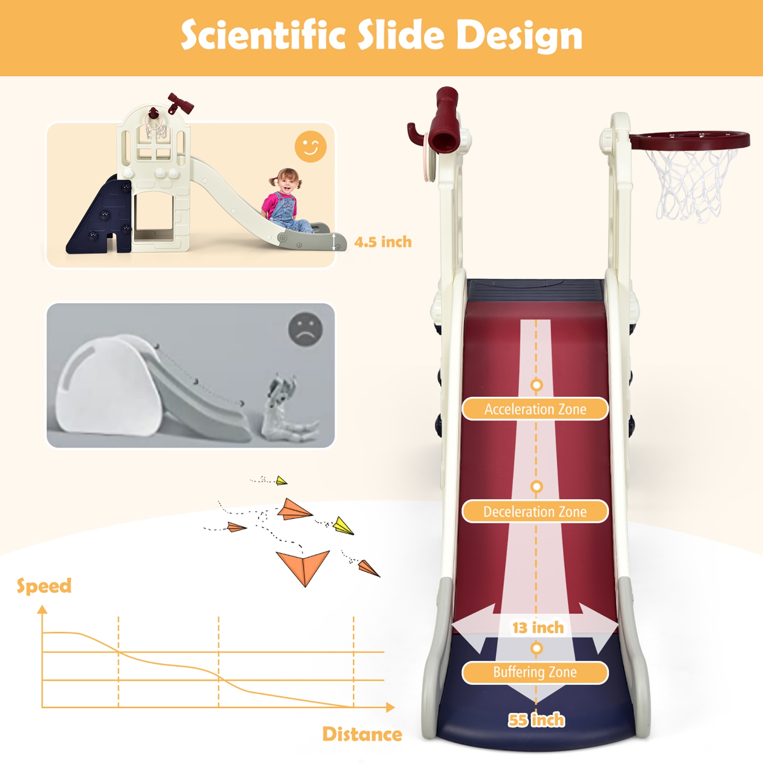 Costway 6-In-1 Large Slide for Kids Toddler Climber Slide Playset w/ Basketball Hoop