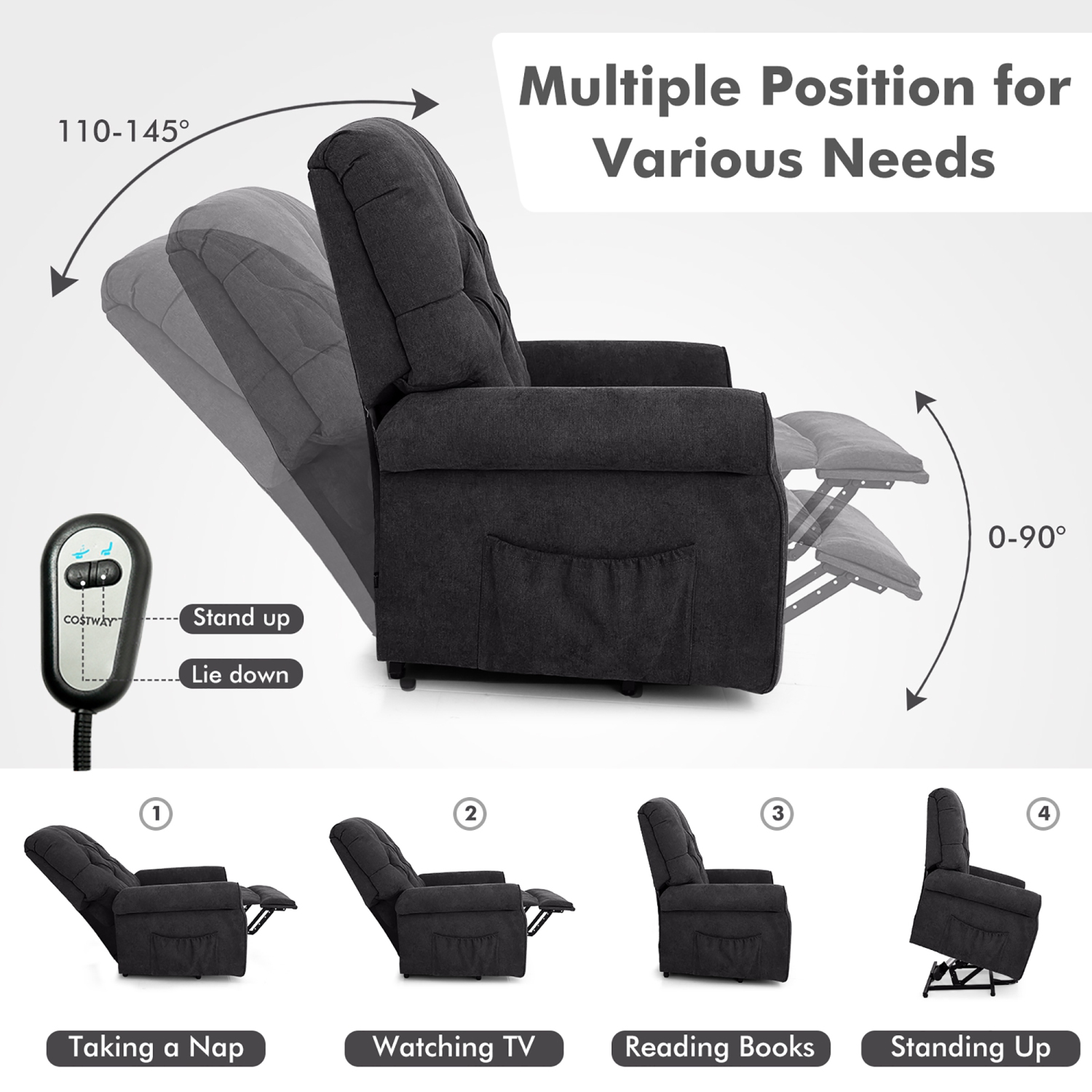 Costway Power Lift Recliner Chair Sofa for Elderly w/ Side Pocket & Remote Control