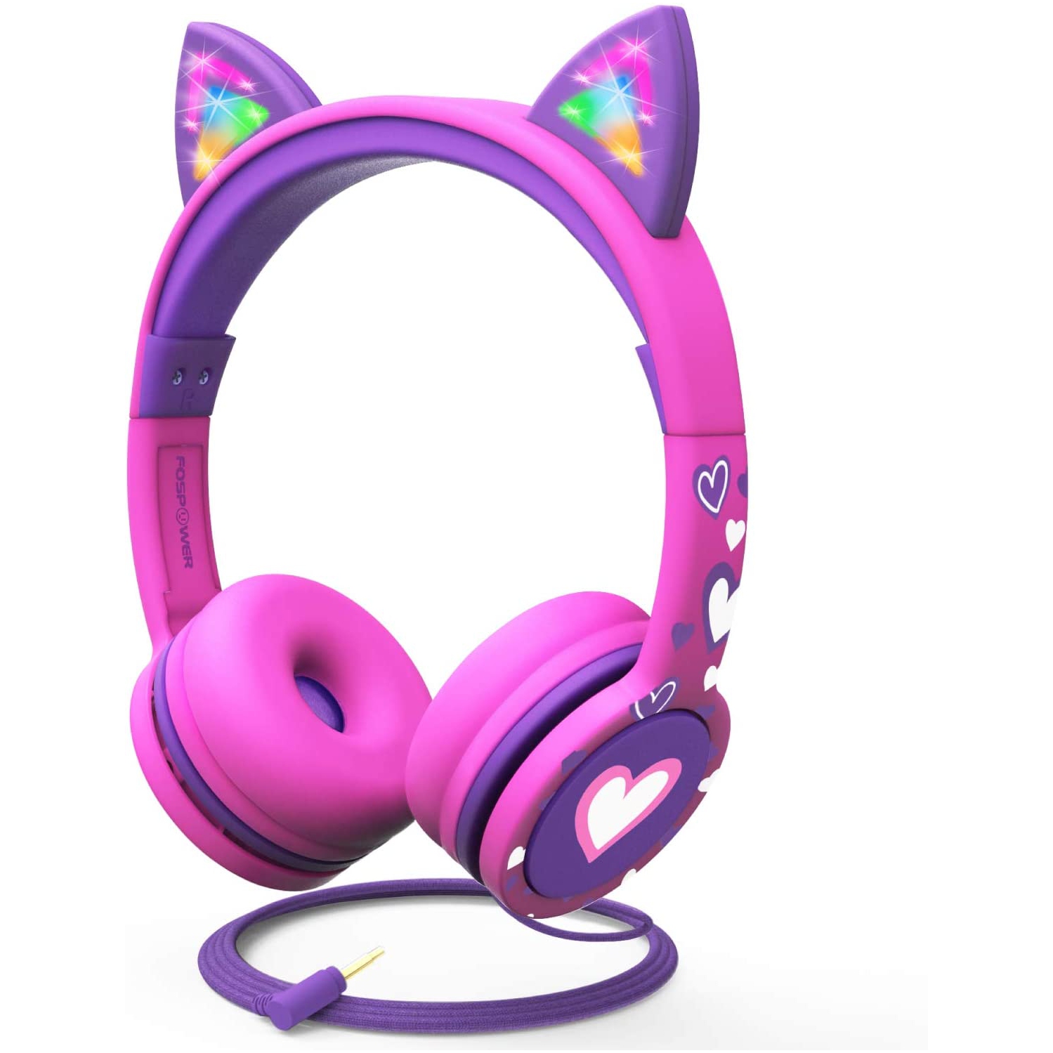 Dolaer Kids Headphones with LED Light Up Cat Ears 3.5mm On Ear Audio Headphones for Kids with Laced Tangle Free Cable (Max 85dB) - Hot Pink/Purple