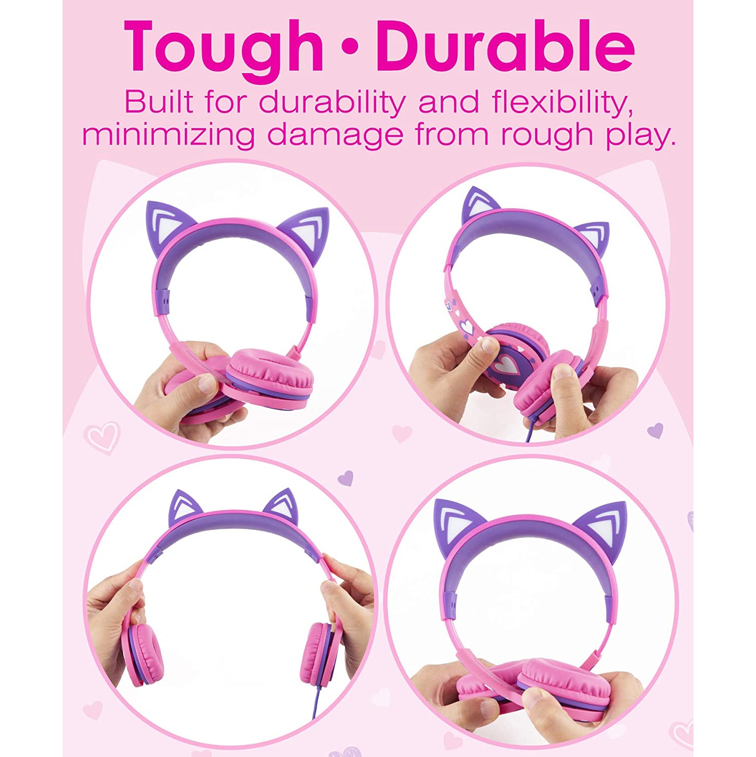 Casque d’écoute pour enfants Dolaer avec casque d’écoute 3,5 mm DEL Light Up Cat Ears pour enfants avec câble antienchevêtrement-Rose vif/violet