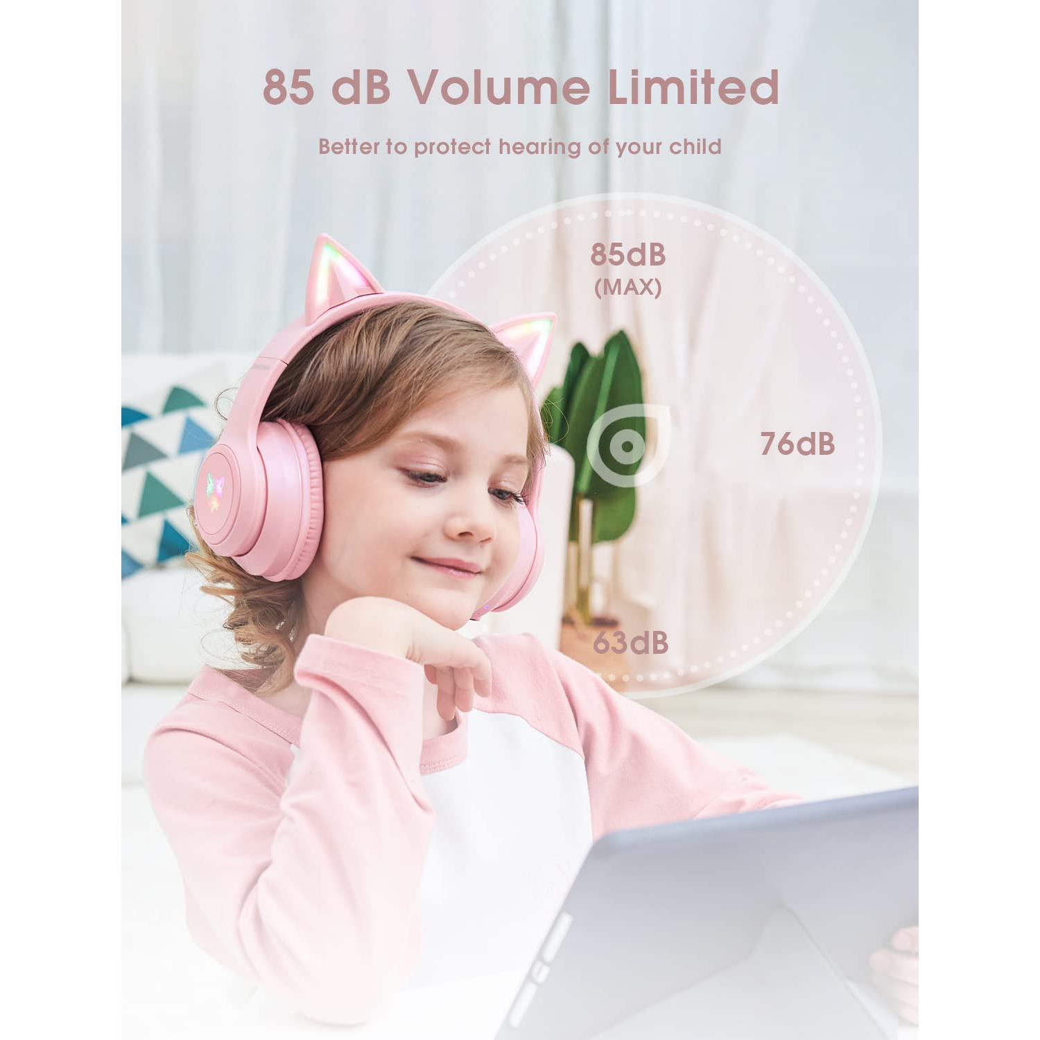 Dolaer Bluetooth Kids Headphones with Microphone, Cat Ear LED Light Up and 85dB Volume Limiting Toddlers Study Headphones, Wireless Foldable HI-FI
