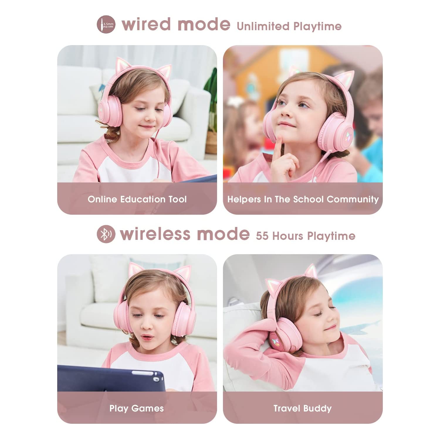Dolaer Bluetooth Kids Headphones with Microphone, Cat Ear LED Light Up and 85dB Volume Limiting Toddlers Study Headphones, Wireless Foldable HI-FI