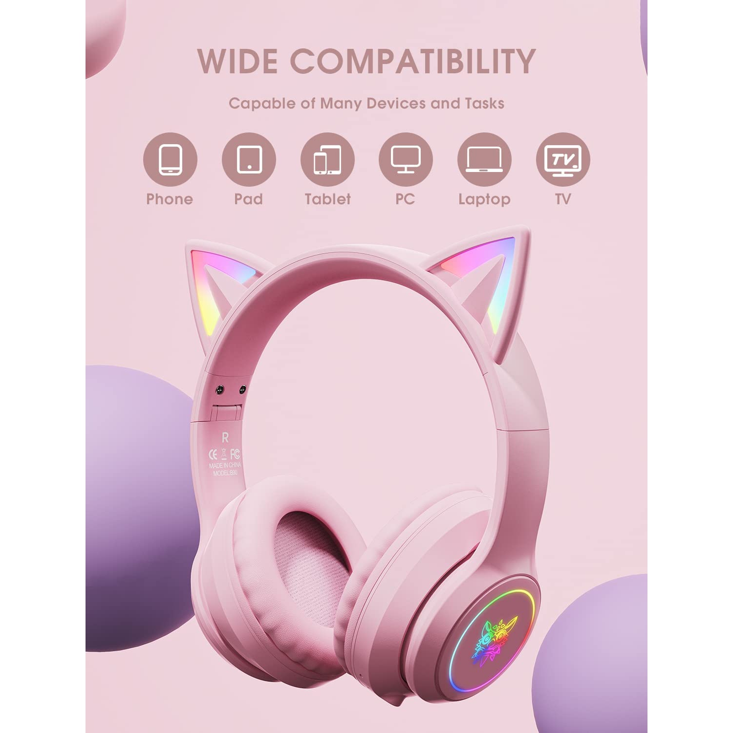 Dolaer Bluetooth Kids Headphones with Microphone, Cat Ear LED Light Up and 85dB Volume Limiting Toddlers Study Headphones, Wireless Foldable HI-FI