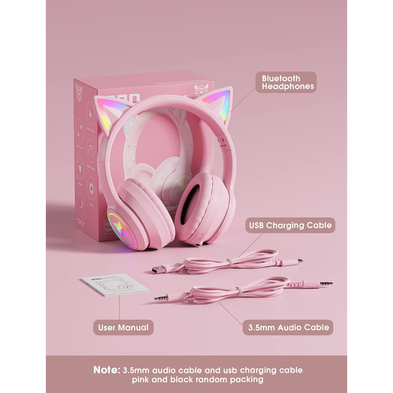 Dolaer Bluetooth Kids Headphones with Microphone, Cat Ear LED Light Up and 85dB Volume Limiting Toddlers Study Headphones, Wireless Foldable HI-FI