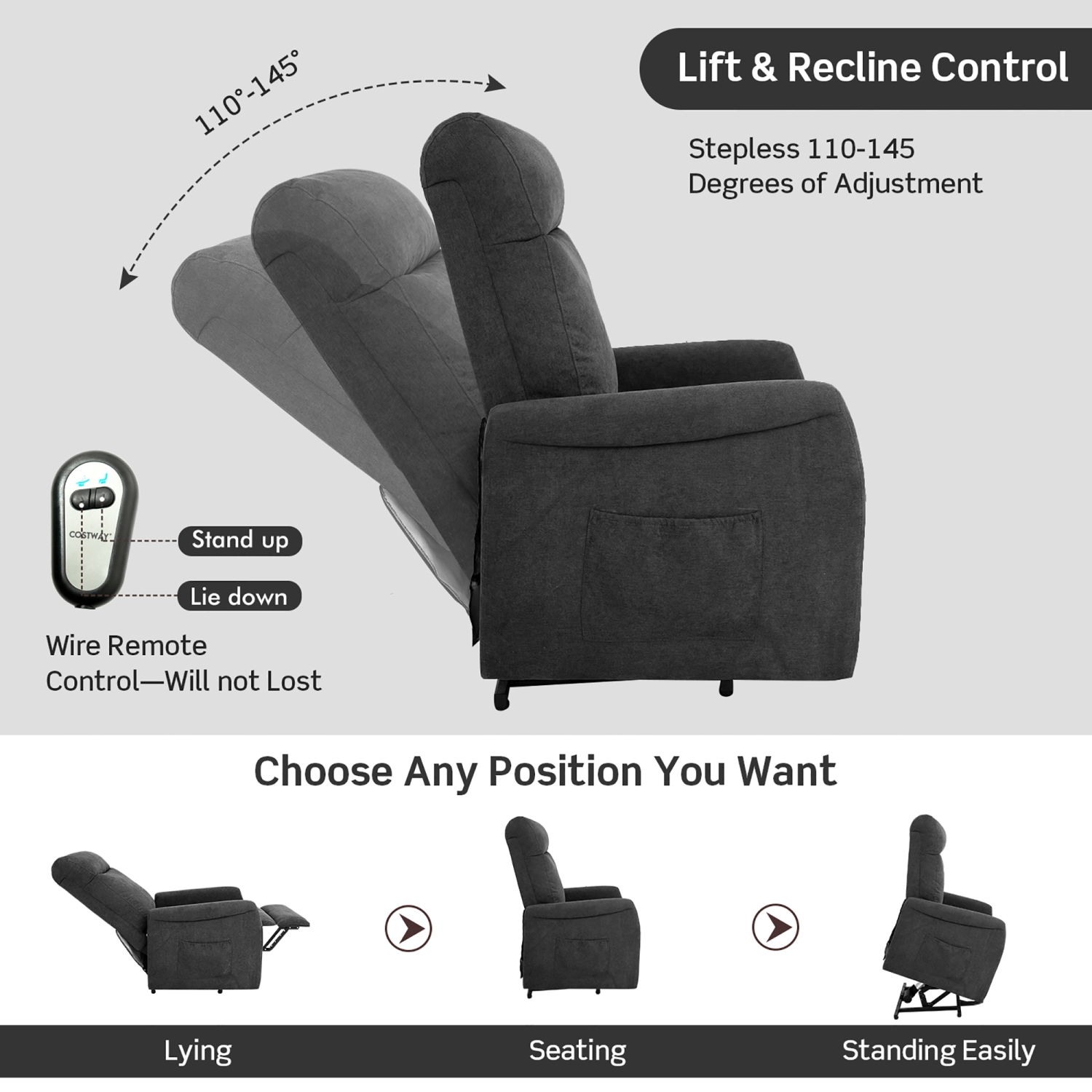 Fauteuil inclinable électrique pour fauteuil de salon pour personnes âgées avec télécommande Costway