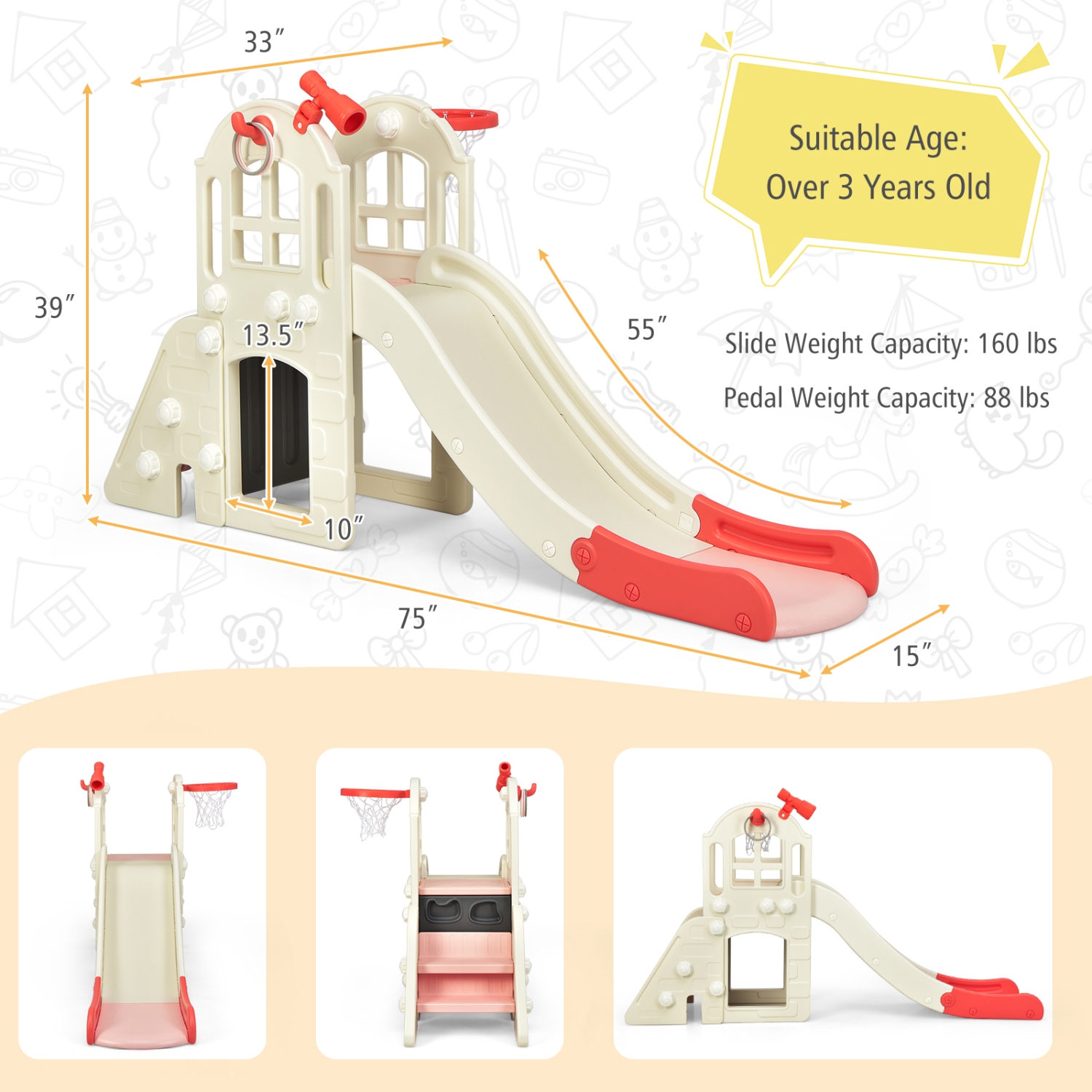 Costway 6-In-1 Large Slide for Kids Toddler Climber Slide Playset w/ Basketball Hoop
