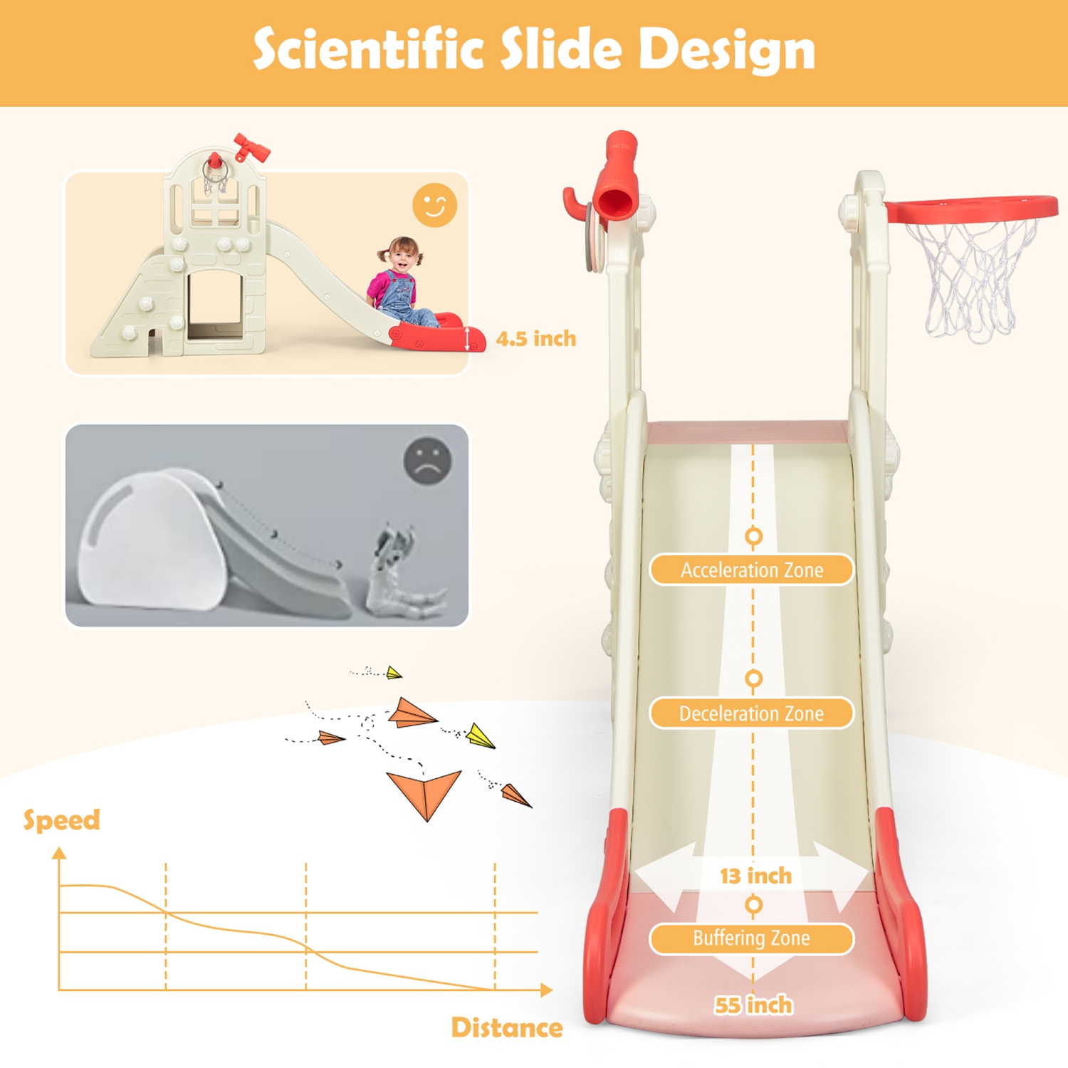 Costway 6-In-1 Large Slide for Kids Toddler Climber Slide Playset w/ Basketball Hoop
