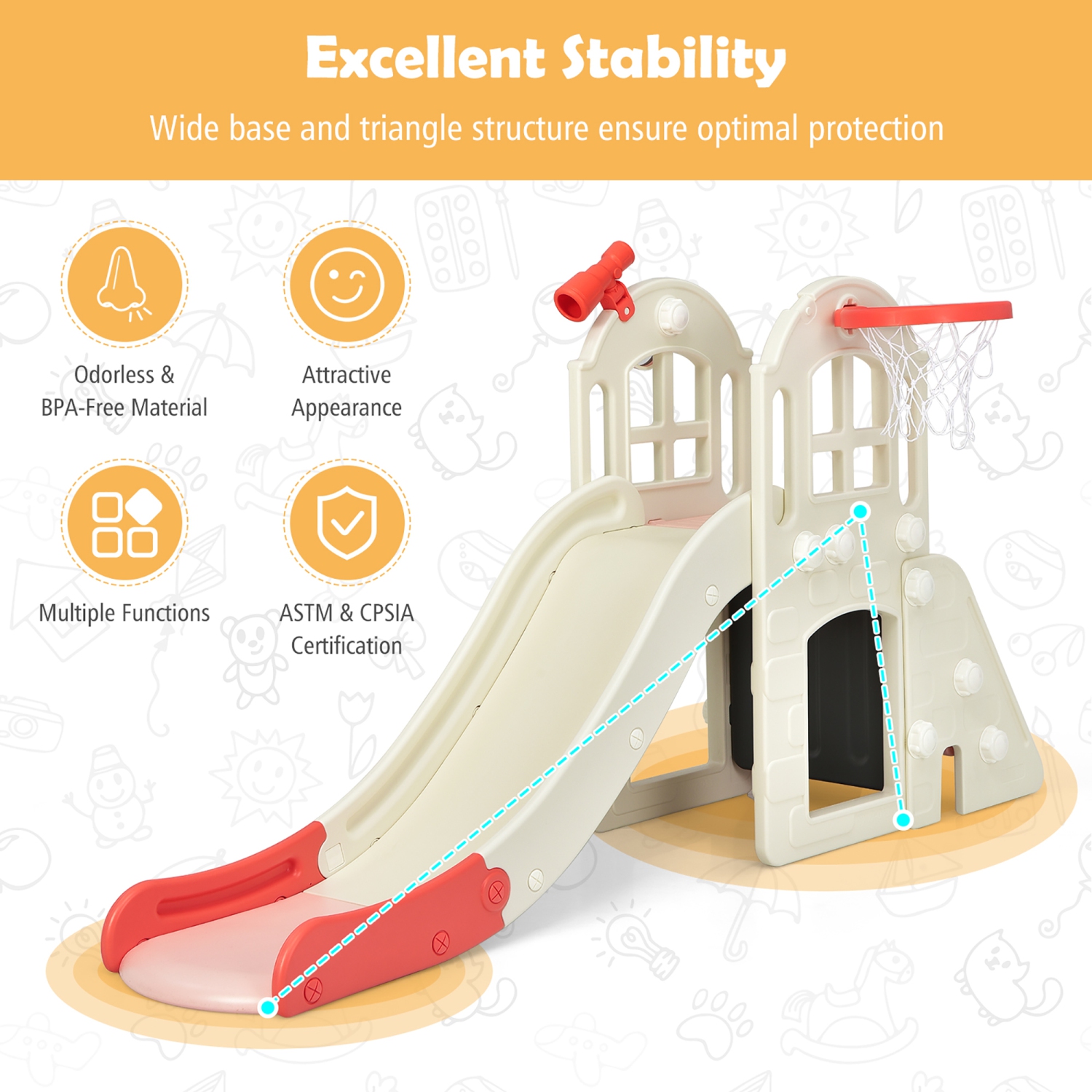 Costway 6-In-1 Large Slide for Kids Toddler Climber Slide Playset w/ Basketball Hoop