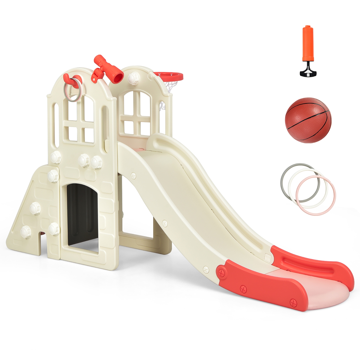 Costway 6-In-1 Large Slide for Kids Toddler Climber Slide Playset w/ Basketball Hoop