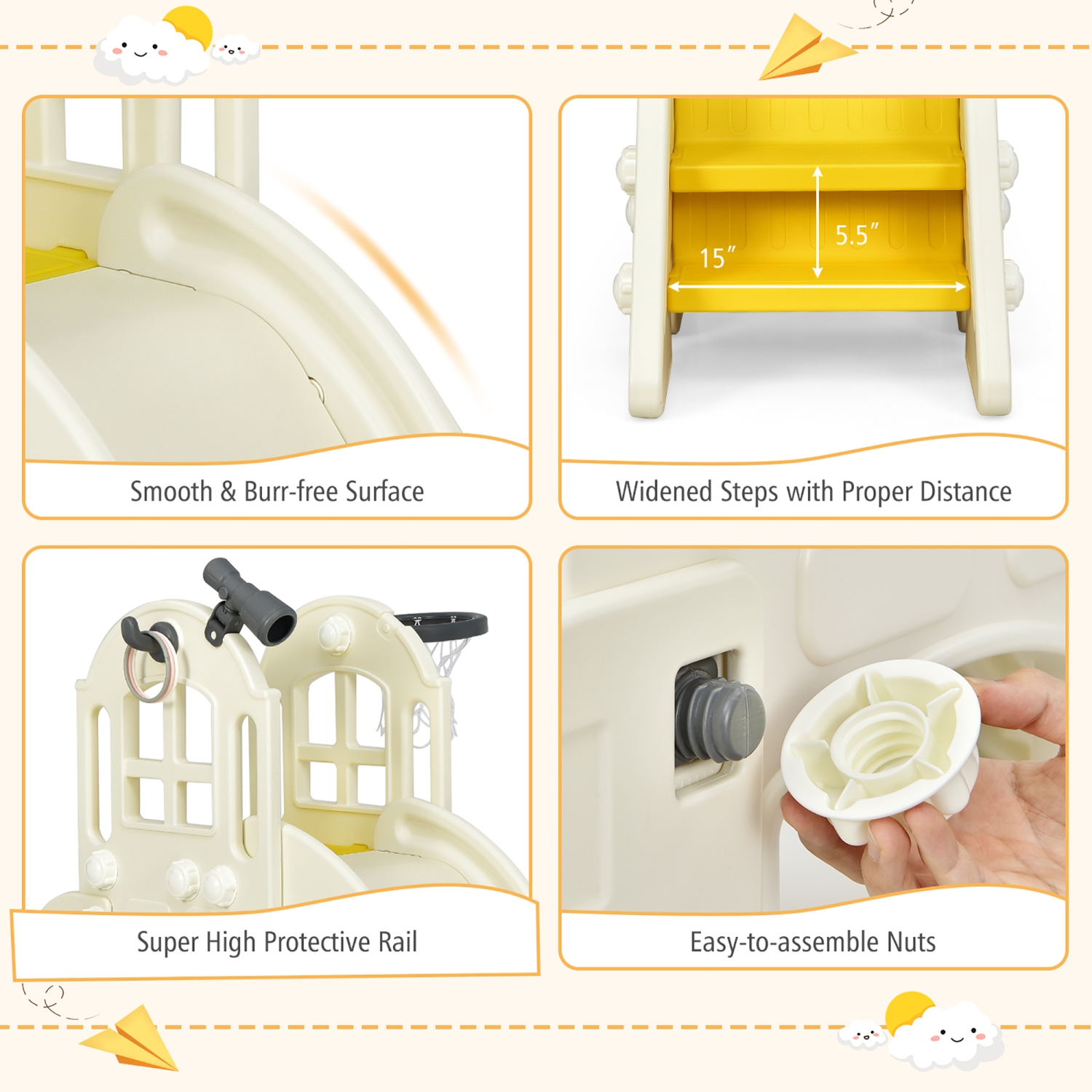 Costway 6-In-1 Large Slide for Kids Toddler Climber Slide Playset w/ Basketball Hoop