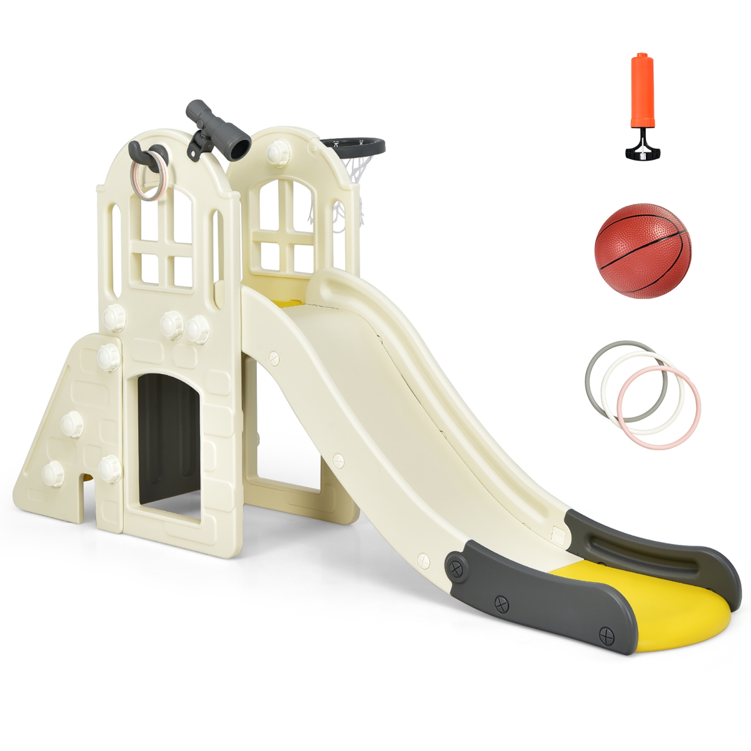 Costway 6-In-1 Large Slide for Kids Toddler Climber Slide Playset w/ Basketball Hoop