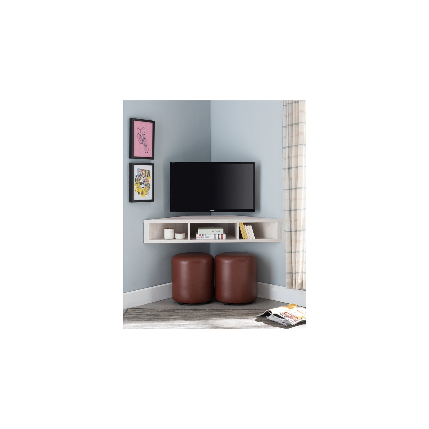 Furniture of America Astro Wood 42" Corner Floating TV Stand in White Oak