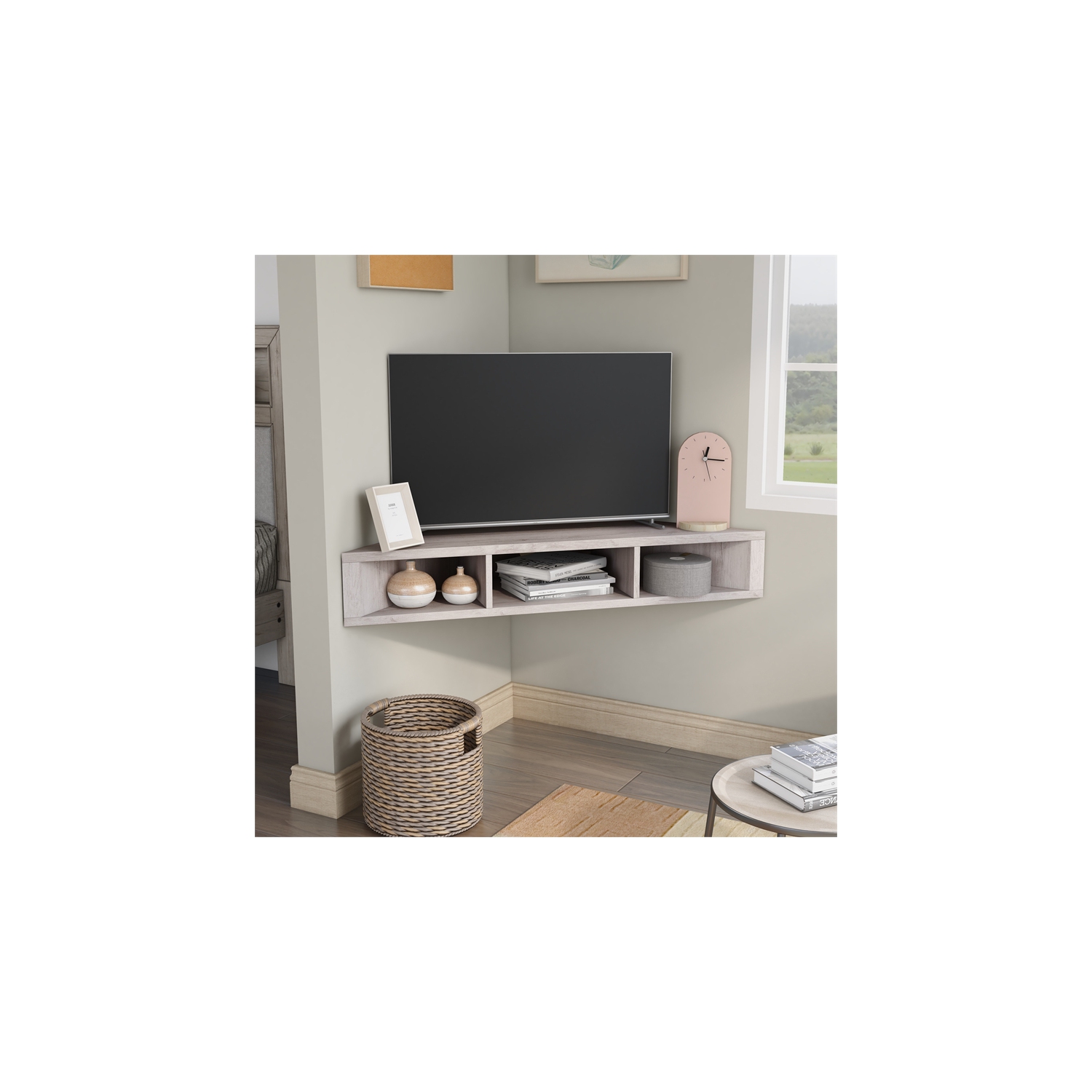 Furniture of America Astro Wood 42" Corner Floating TV Stand in White Oak