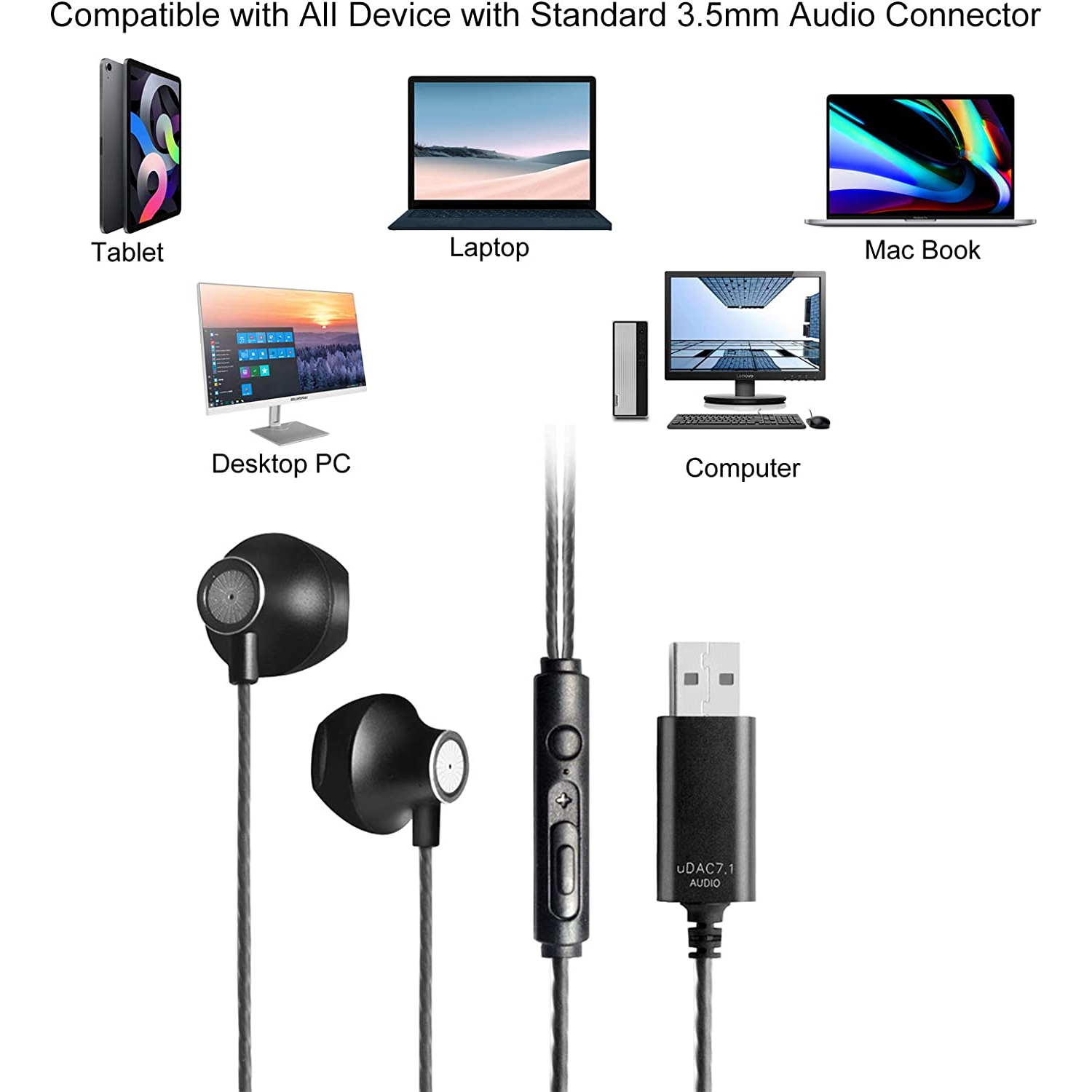 Dolaer OKCSC USB Headphones Computer in-Ear Earphones with HD Microphones 2.5m Long Cable for PC Game, Home Office, Online Classes, Live Stream