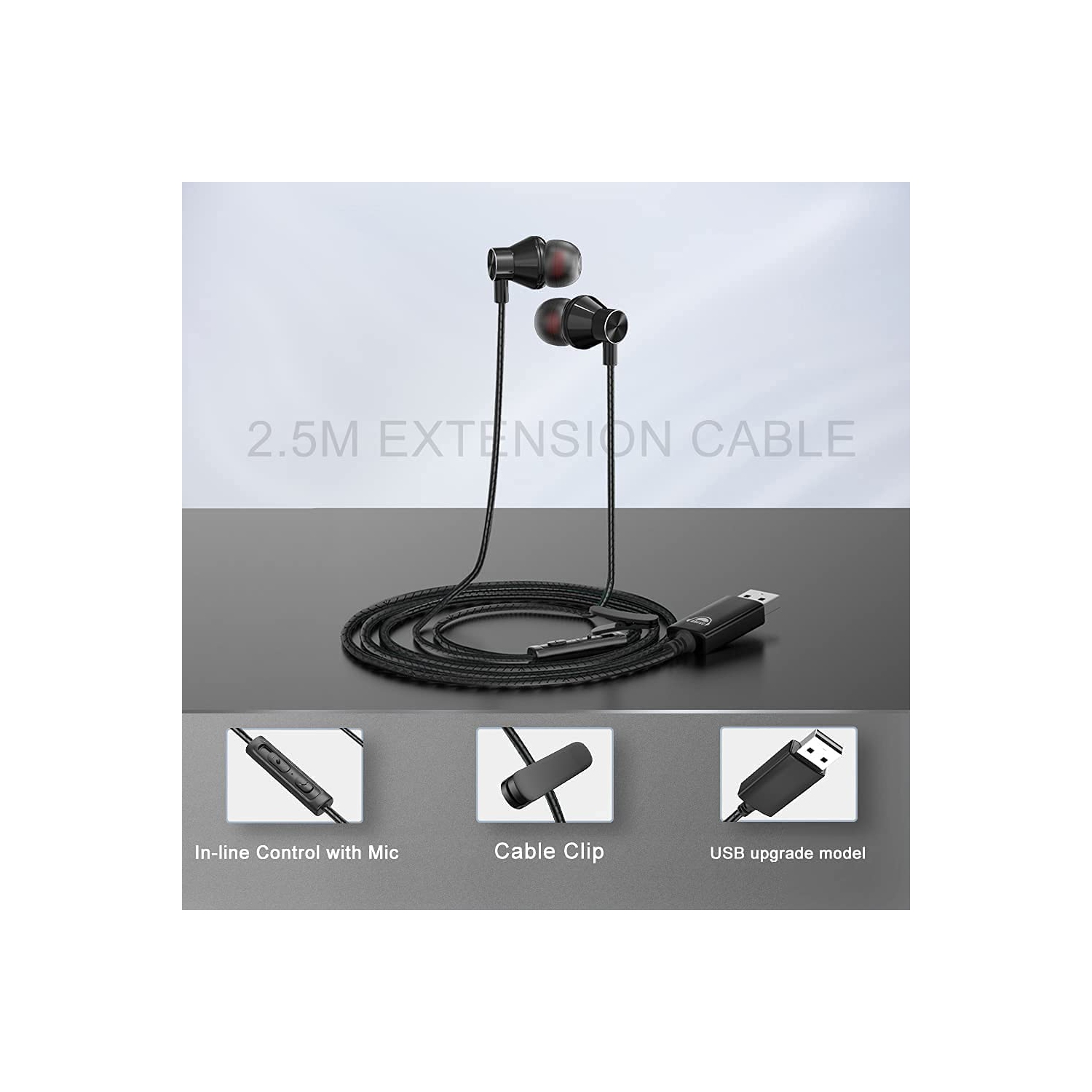 Dolaer OKCSC U260 USB Computer Earbuds in-Ear USB Headset with Stereo Sound 2.5m Cable Wired Earphones for Home Office/Online Classes/Live