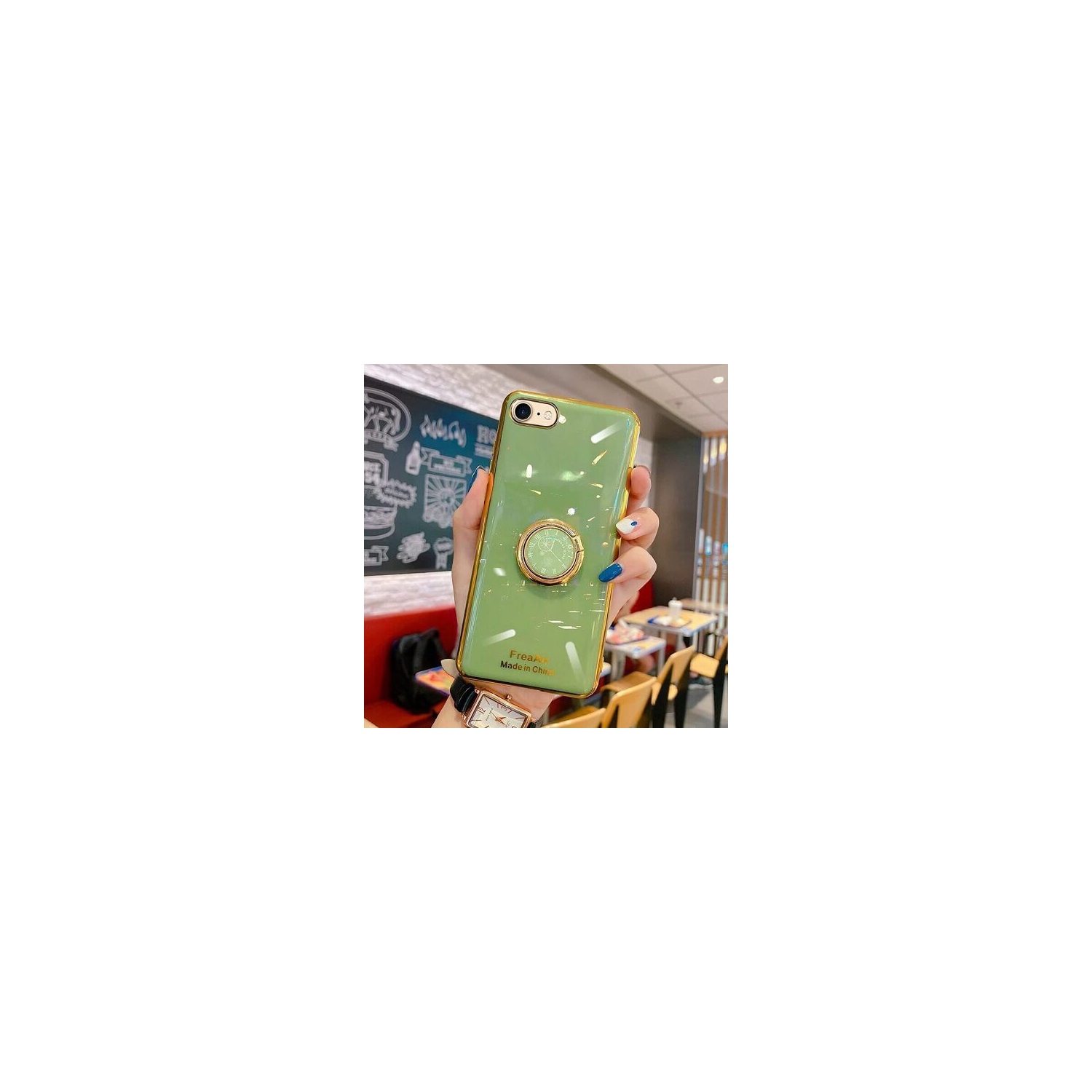 Pour Apple iPhone 8, étui à anneau vert de luxe plaqué flux élégant