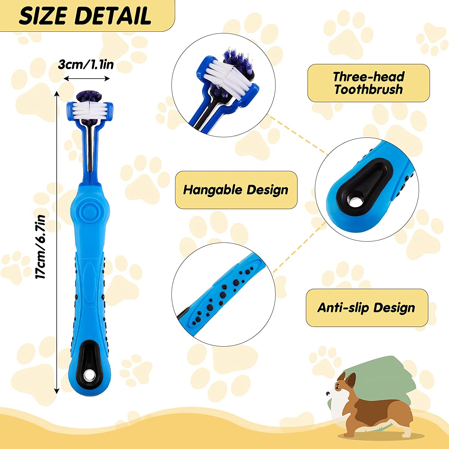 ISTAR de nettoyage oral pour chien de compagnie Brosse à dents à trois têtes pour animaux de compagnie Brosses de soin des dents en caoutchouc souple