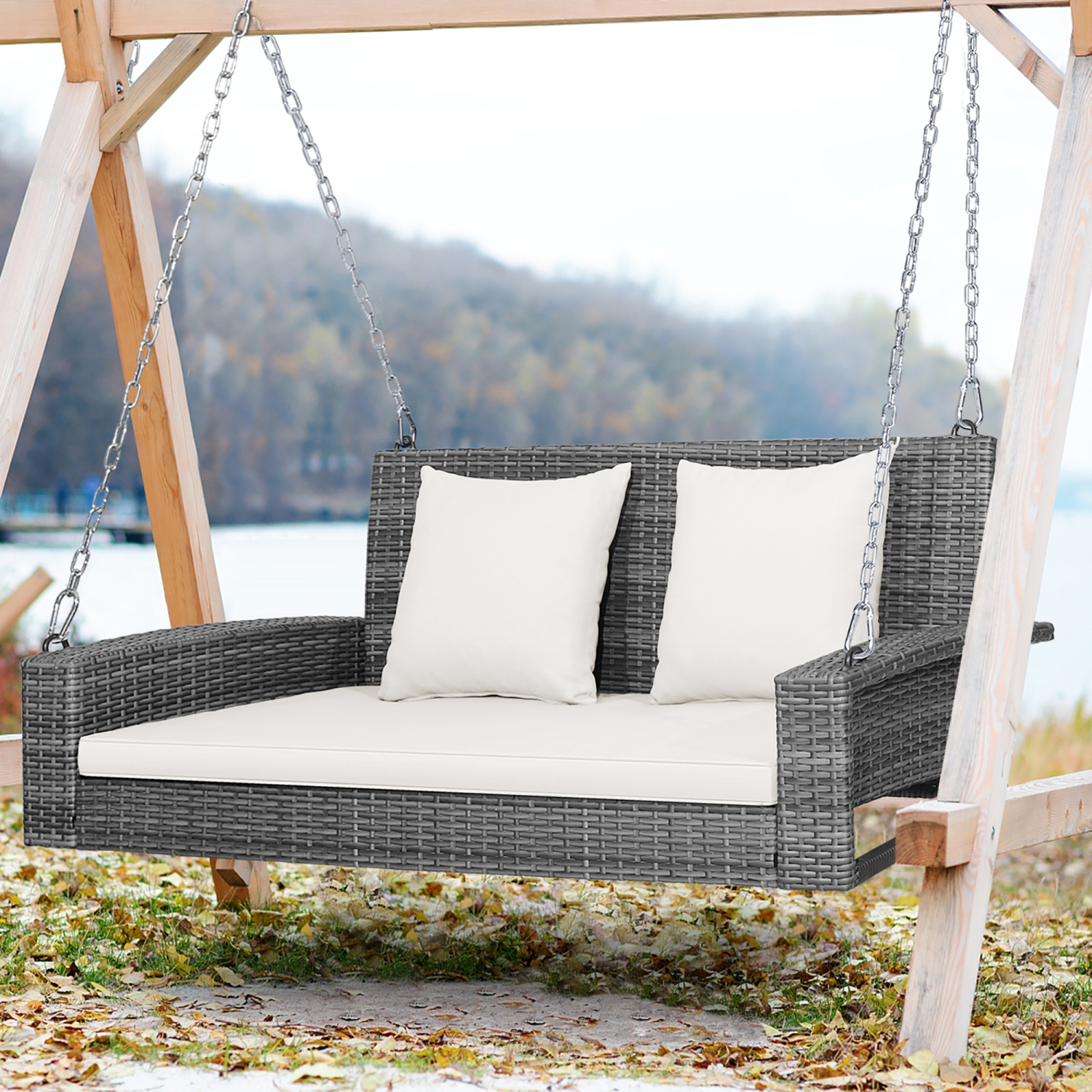 Costway 2-Person Patio PE Wicker Hanging Porch Swing Bench Chair Cushion 800lbs
