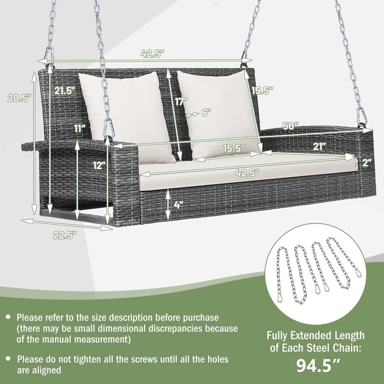 Costway 2-Person Patio PE Wicker Hanging Porch Swing Bench Chair Cushion 800lbs