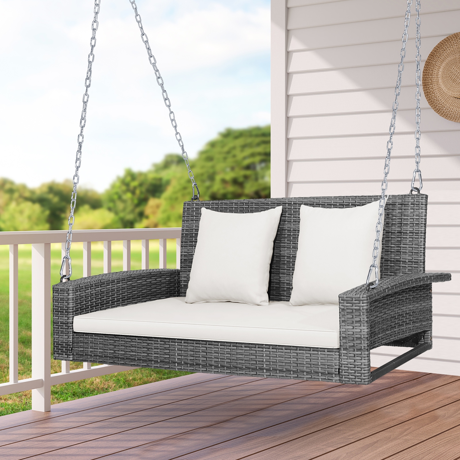 Costway 2-Person Patio PE Wicker Hanging Porch Swing Bench Chair Cushion 800lbs