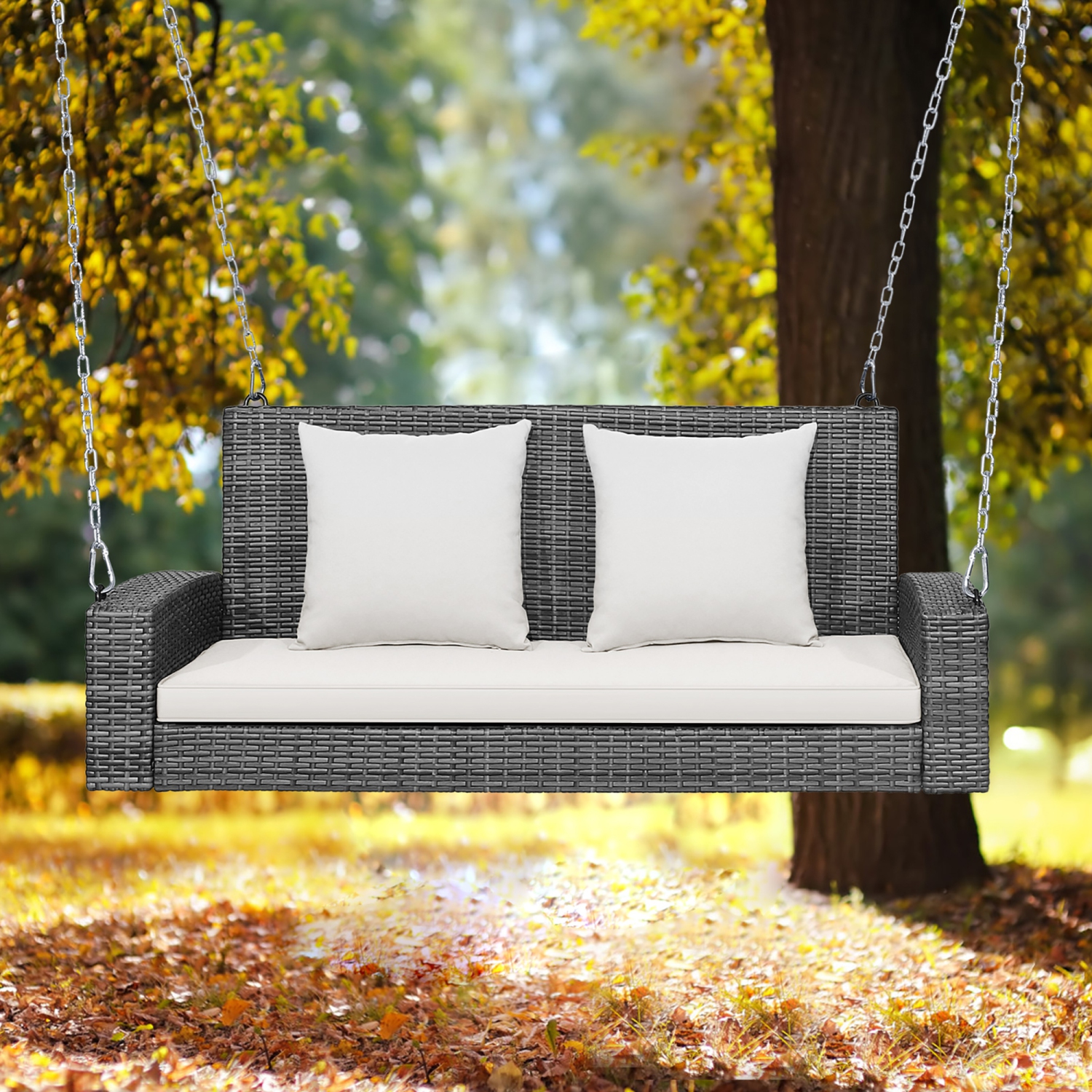 Costway 2-Person Patio PE Wicker Hanging Porch Swing Bench Chair Cushion 800lbs