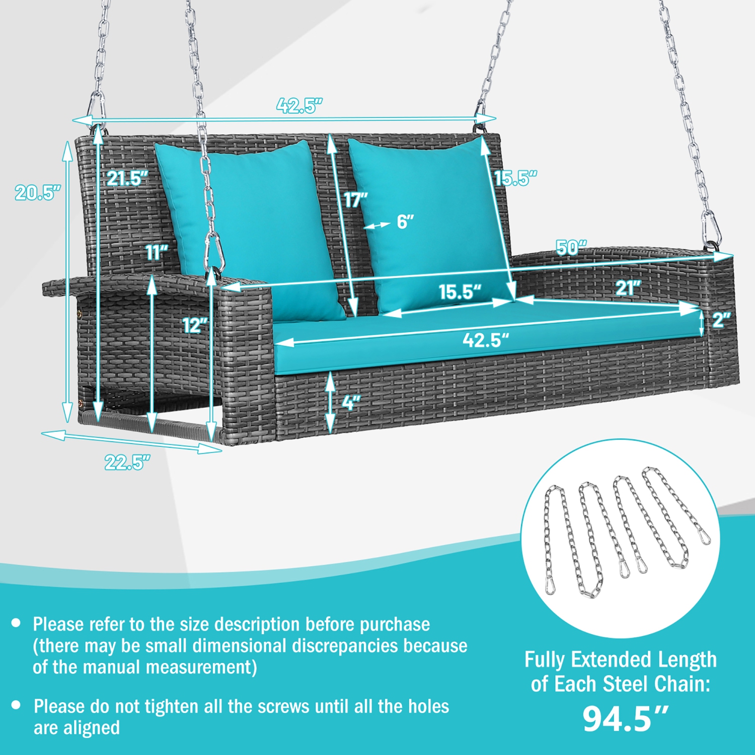 Costway 2-Person Patio PE Wicker Hanging Porch Swing Bench Chair Cushion 800lbs