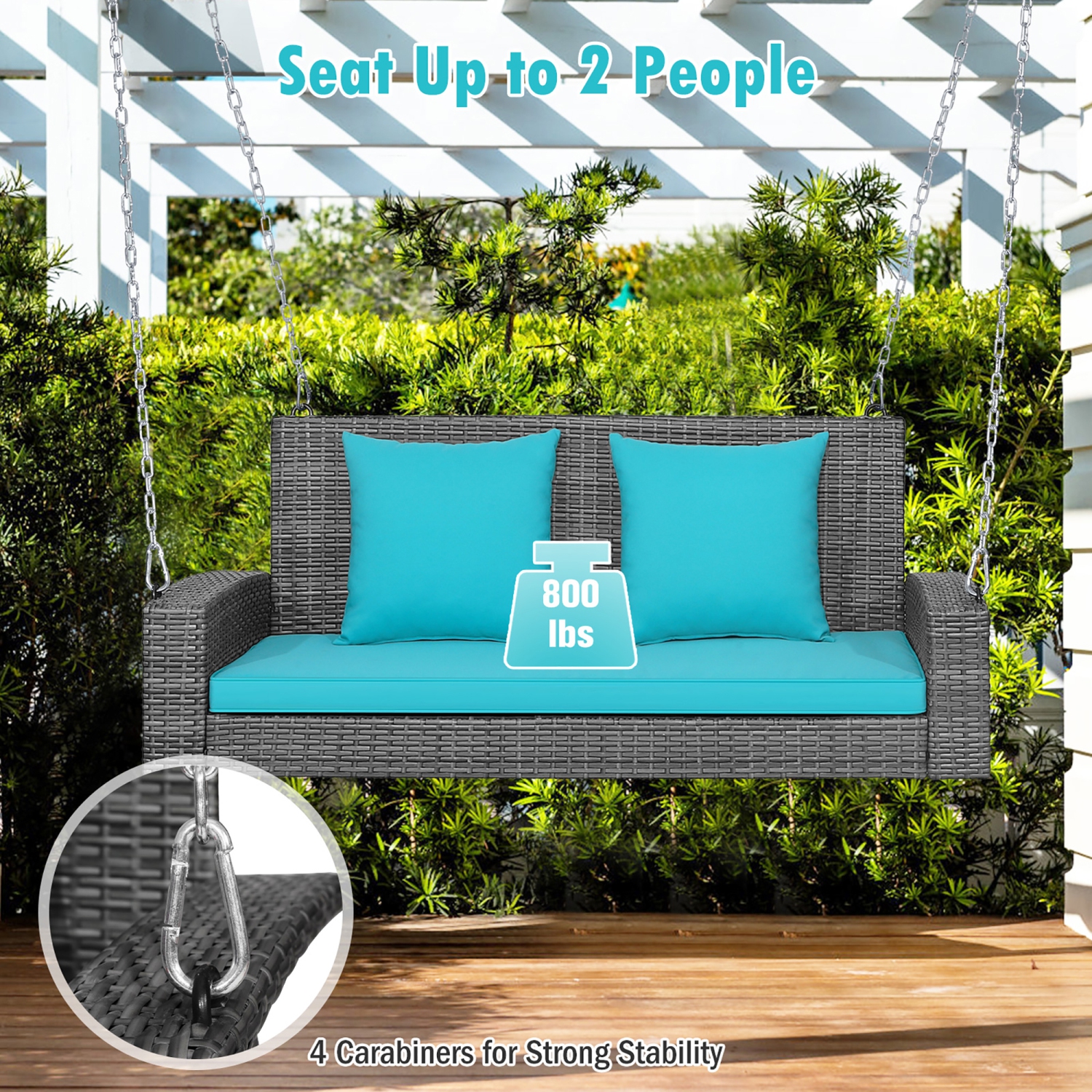 Costway 2-Person Patio PE Wicker Hanging Porch Swing Bench Chair Cushion 800lbs