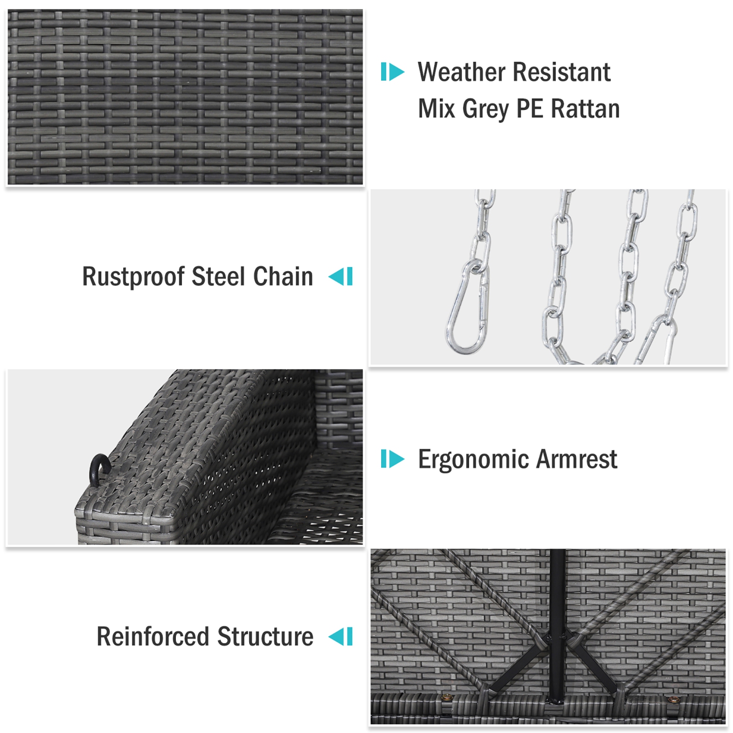 Costway 2-Person Patio PE Wicker Hanging Porch Swing Bench Chair Cushion 800lbs