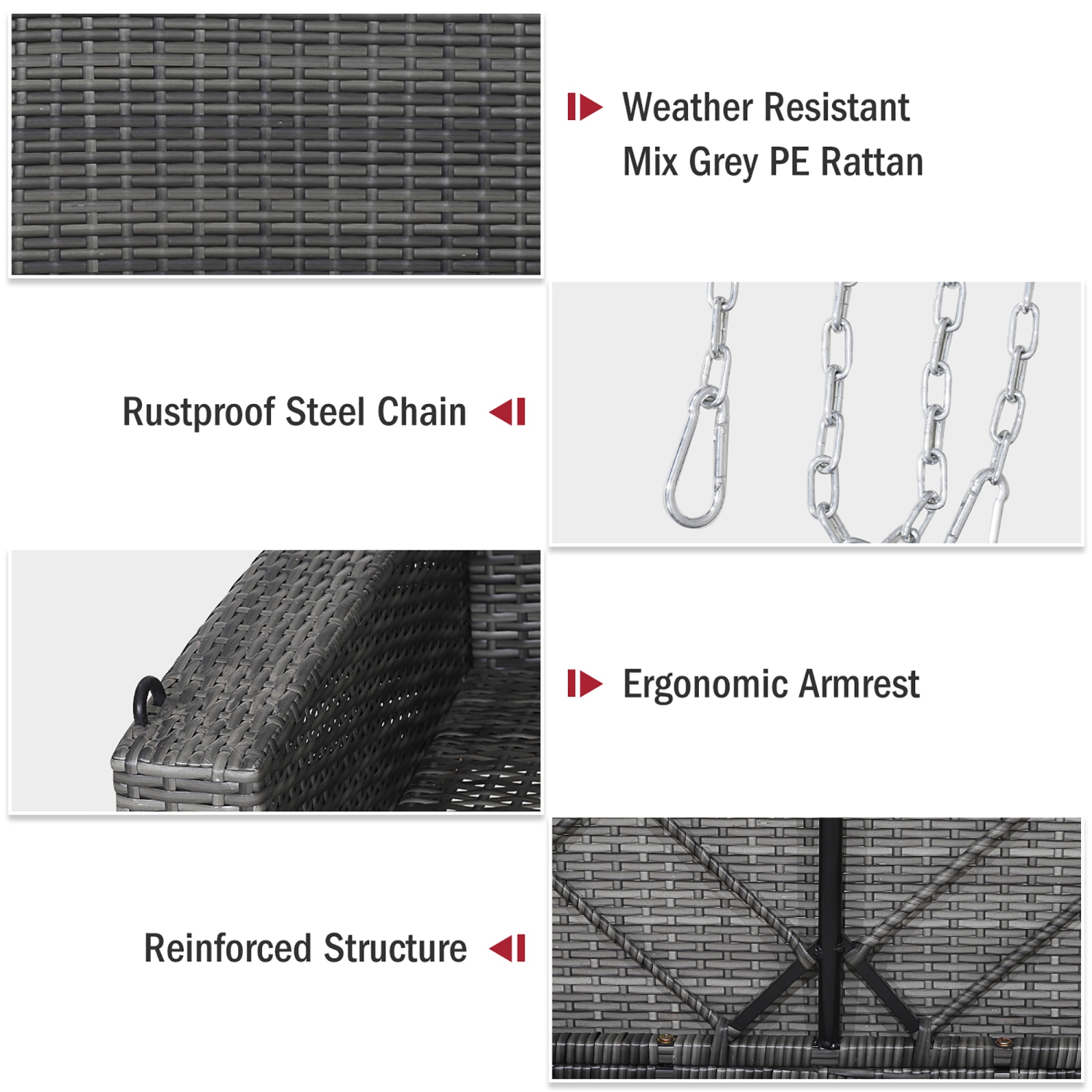 Costway 2-Person Patio PE Wicker Hanging Porch Swing Bench Chair Cushion 800lbs