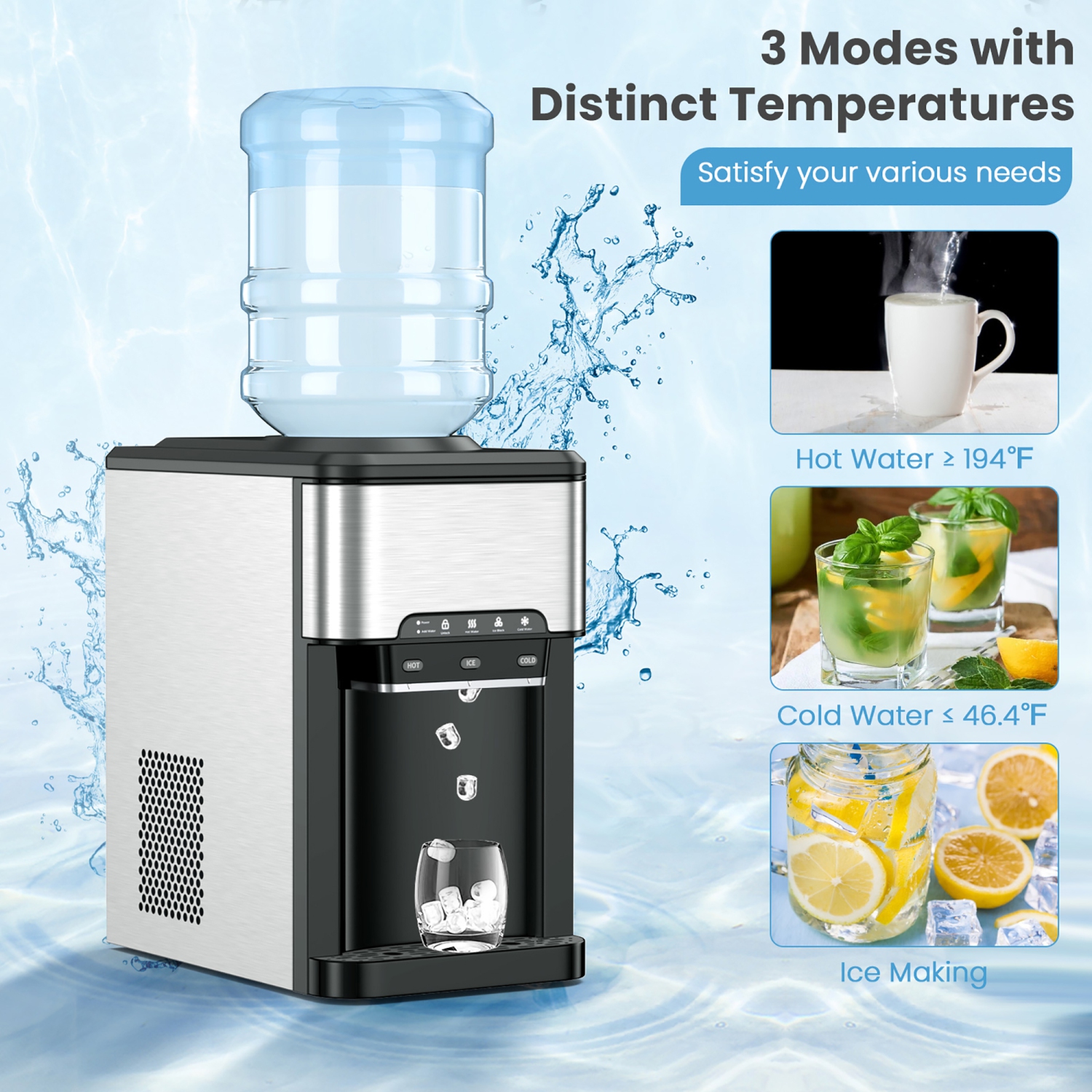 Costway 3-in-1 Water Cooler Dispenser with Built-in Ice Maker w/ 3 Temperature Settings