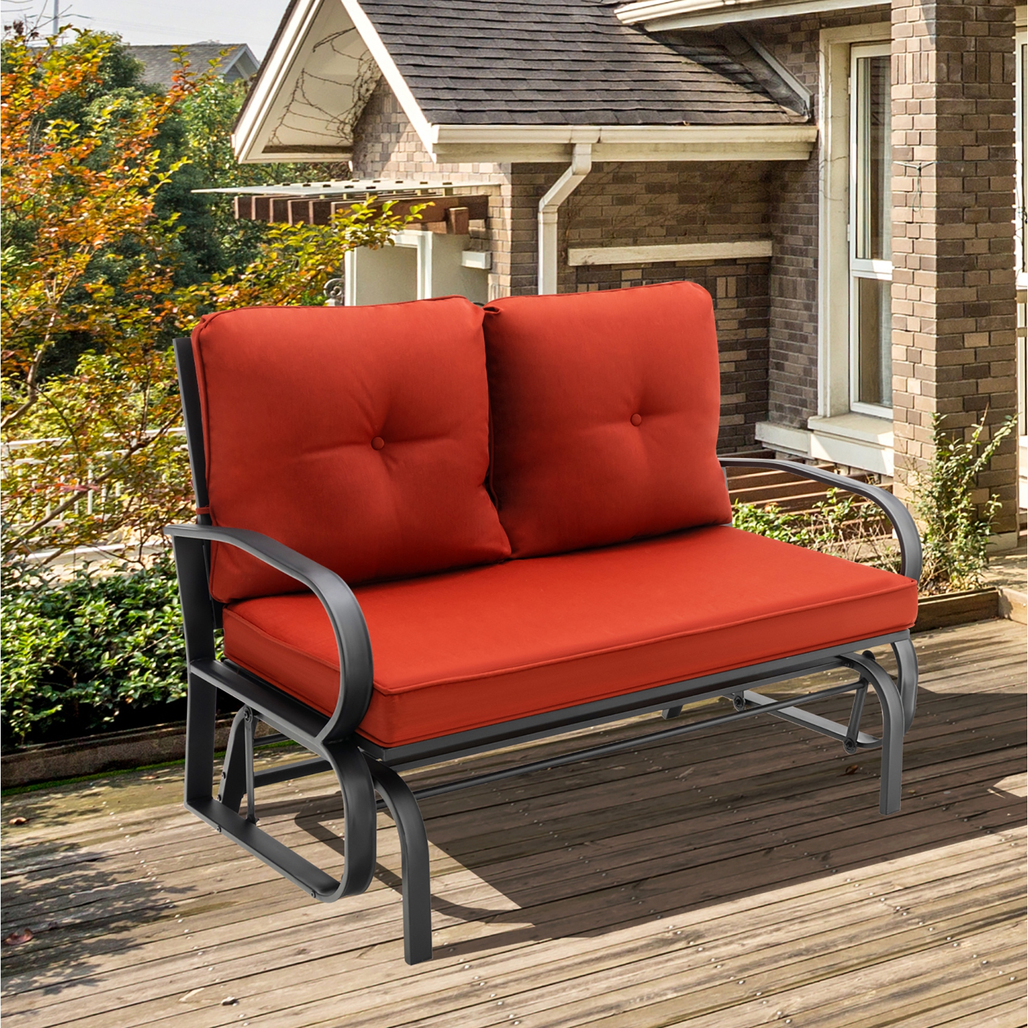 Costway Patio 2-Person Glider Bench Rocking Loveseat Cushioned Armrest Brick