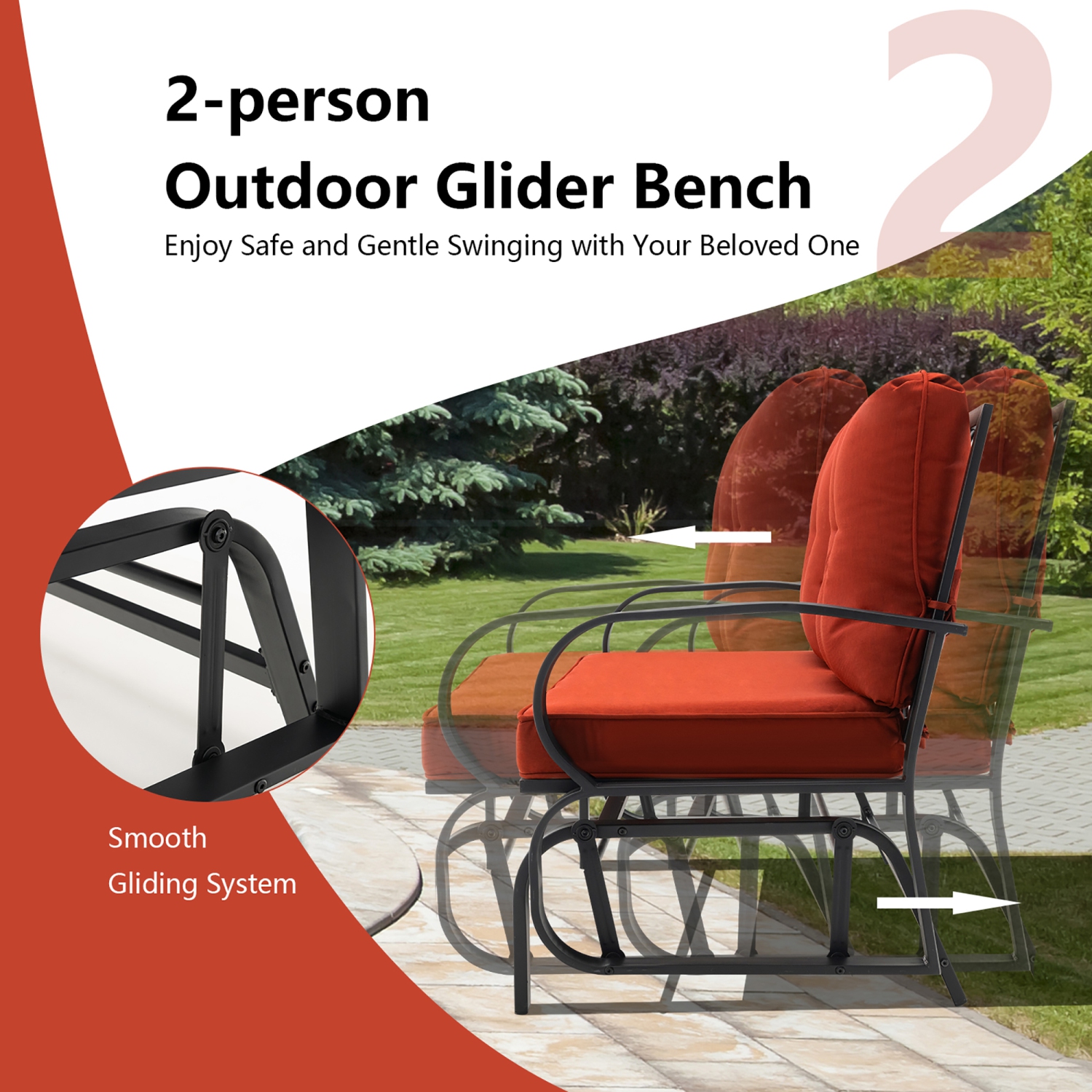 Costway Patio 2-Person Glider Bench Rocking Loveseat Cushioned Armrest Brick