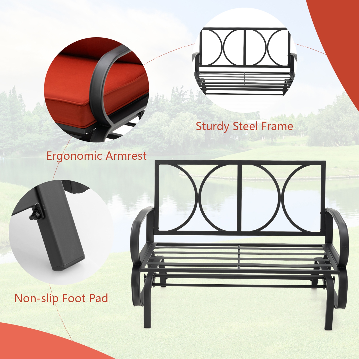 Costway Patio 2-Person Glider Bench Rocking Loveseat Cushioned Armrest Brick