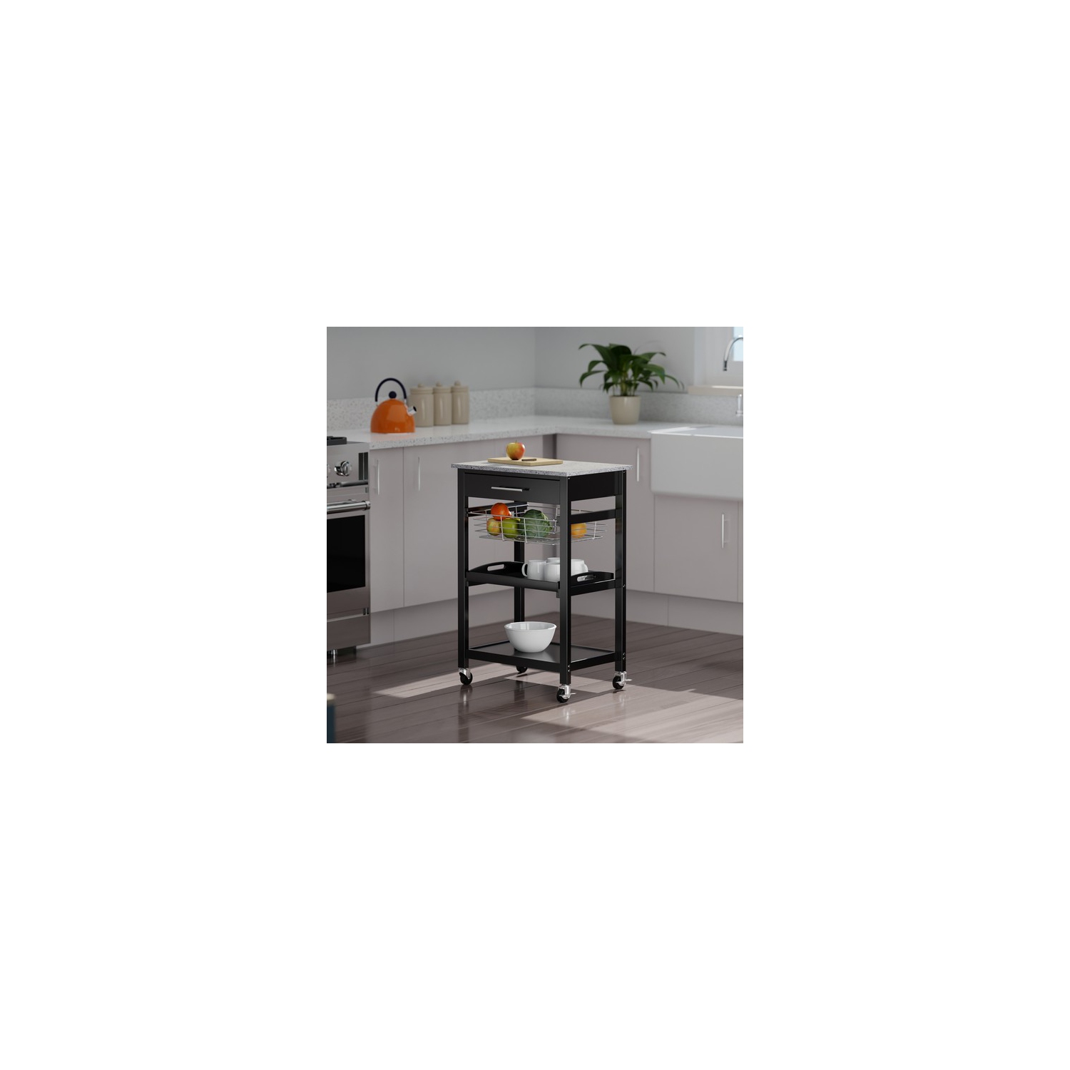 Julia – Chariot de cuisine utilitaire, surface en granite, noir