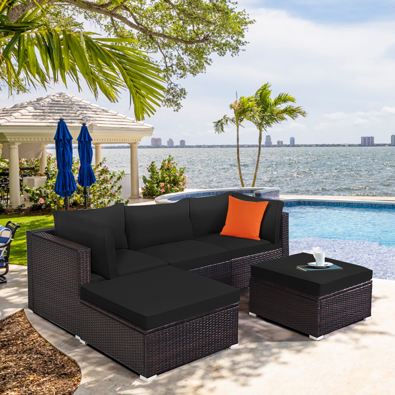 Costway 5PCS Patio Rattan Furniture Set Sectional Conversation Set Ottoman Table