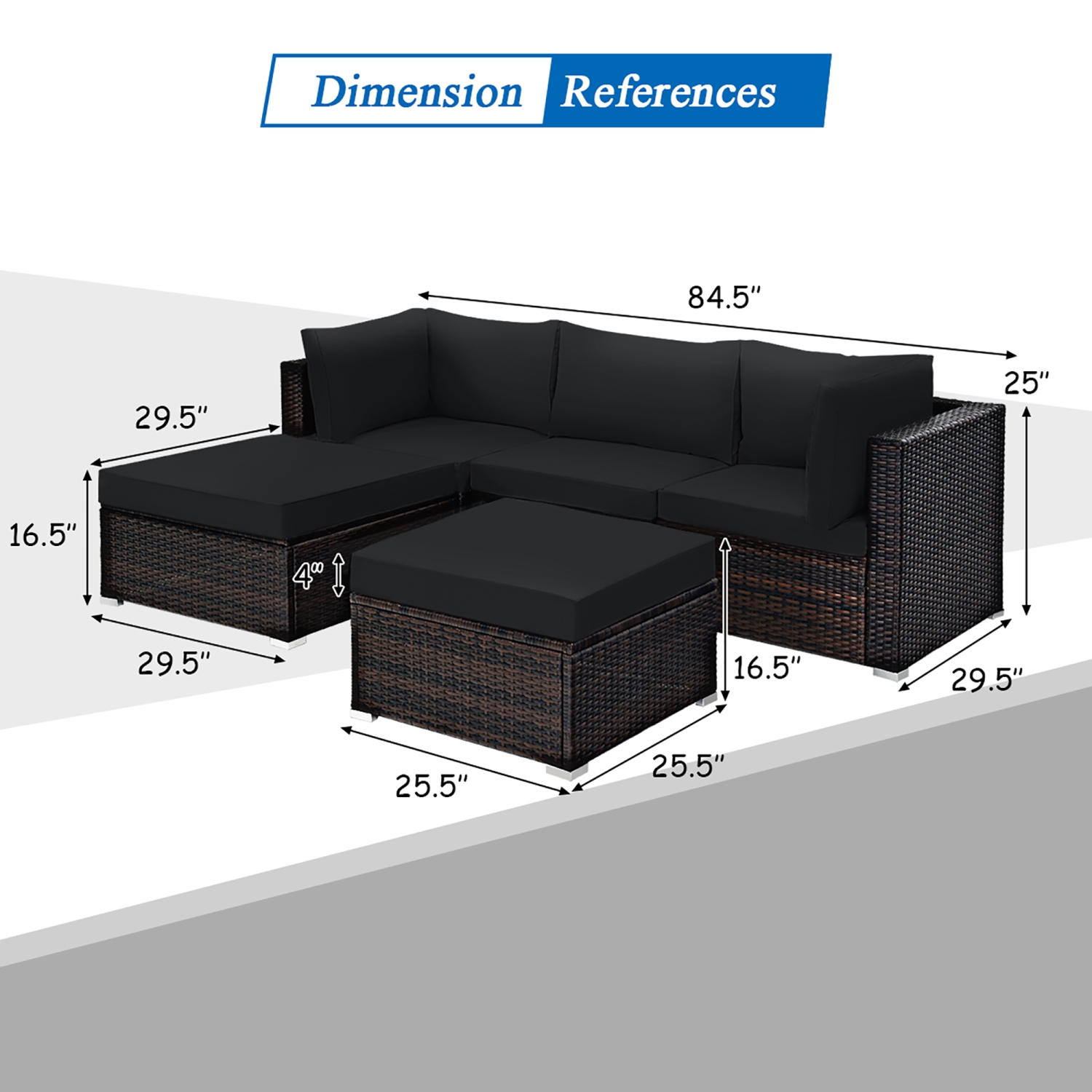 Costway 5PCS Patio Rattan Furniture Set Sectional Conversation Set Ottoman Table