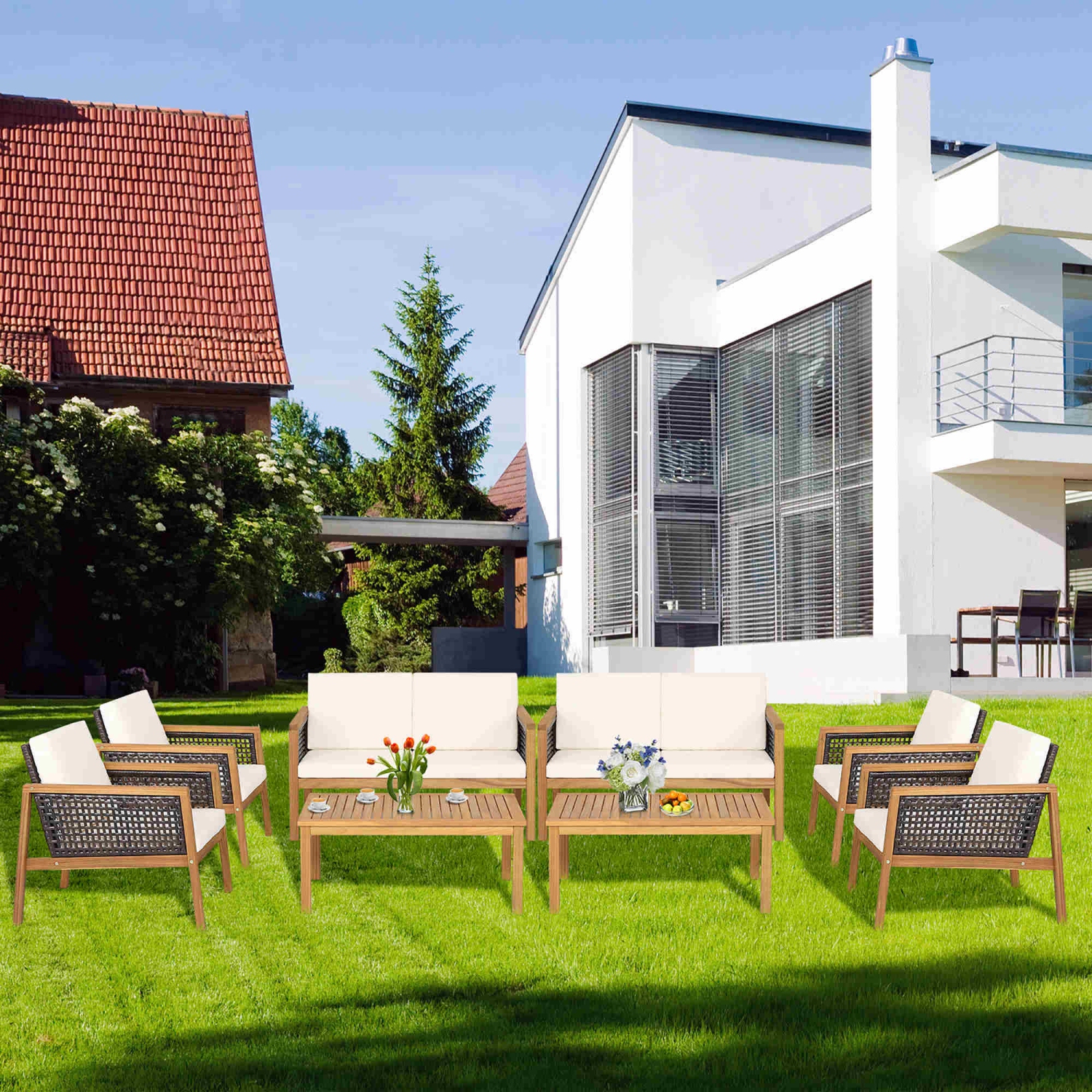 Costway 8PCS Patio Rattan Furniture Set Acacia Wood Cushioned Sofa