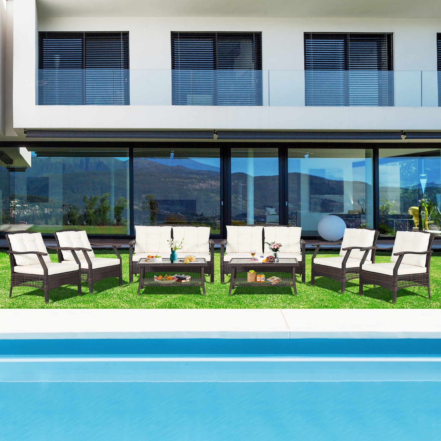 Costway 8 PCS Outdoor Rattan Conversation Set Patio Rattan Sofa Set W/ Protective Cover