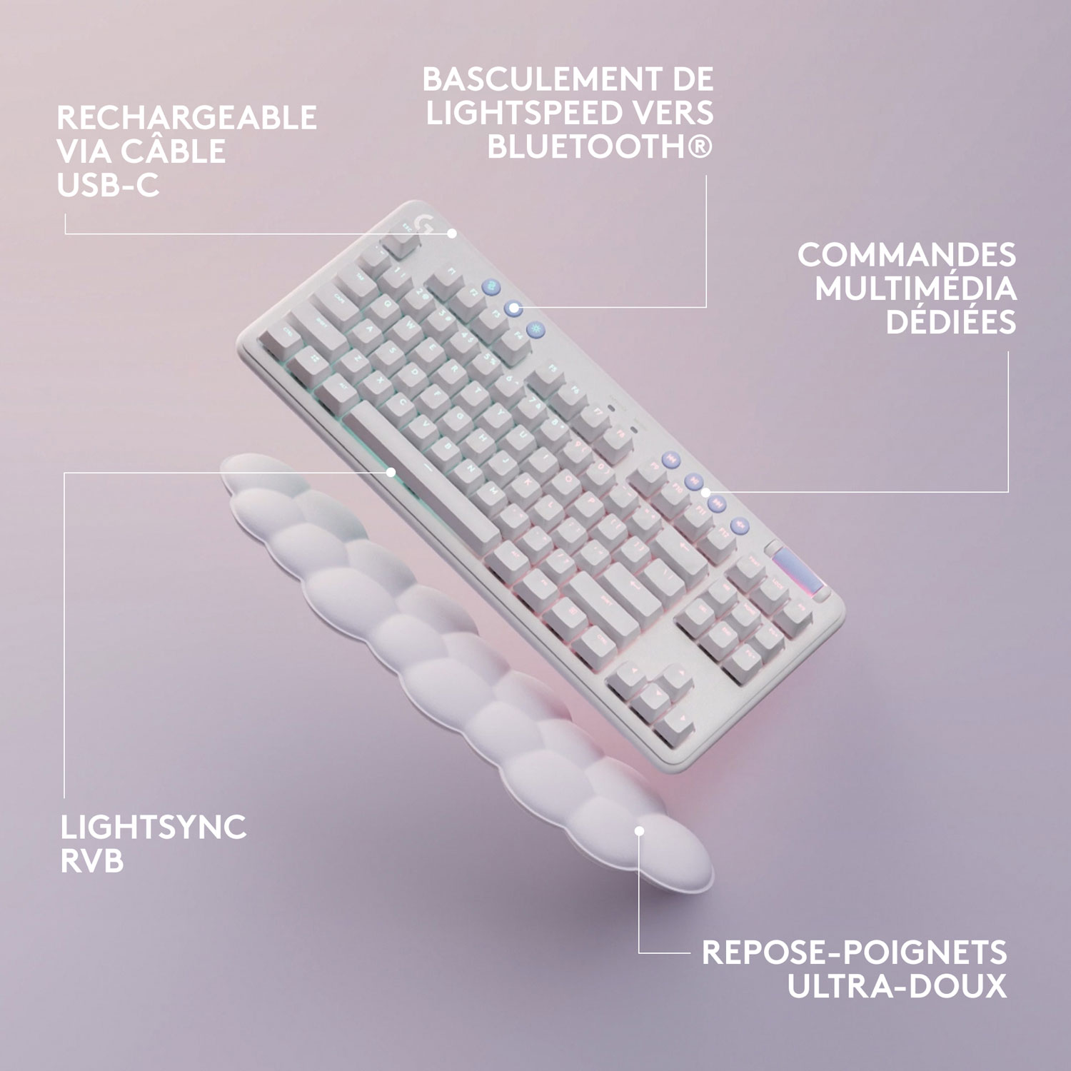 Clavier de jeu mécanique rétroéclairé Bluetooth avec touches tactiles GX Brown Aurora Collection G715 de Logitech G - Brume blanche