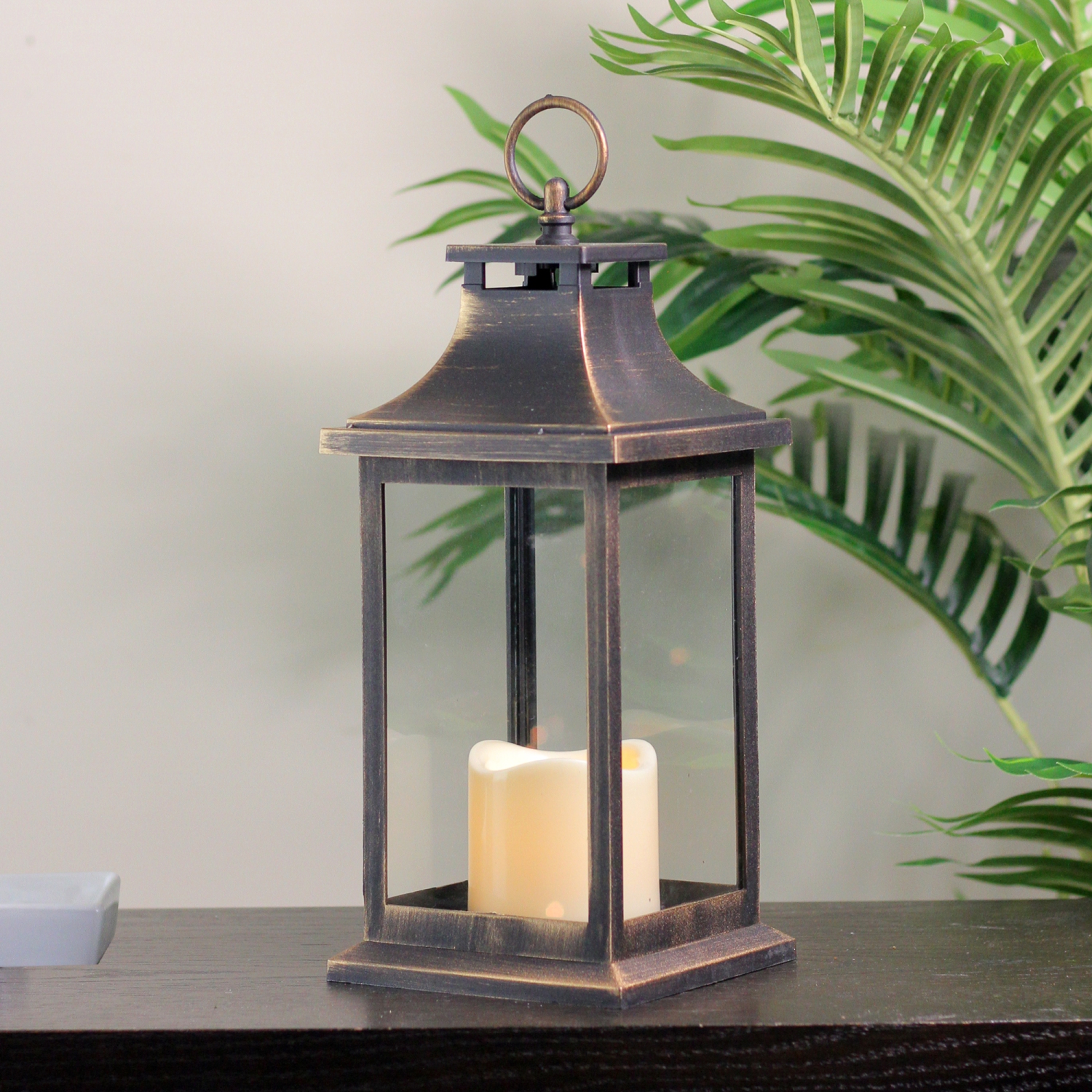 Candle Lantern with Flameless LED Candle - 12.5" - Black with Gold