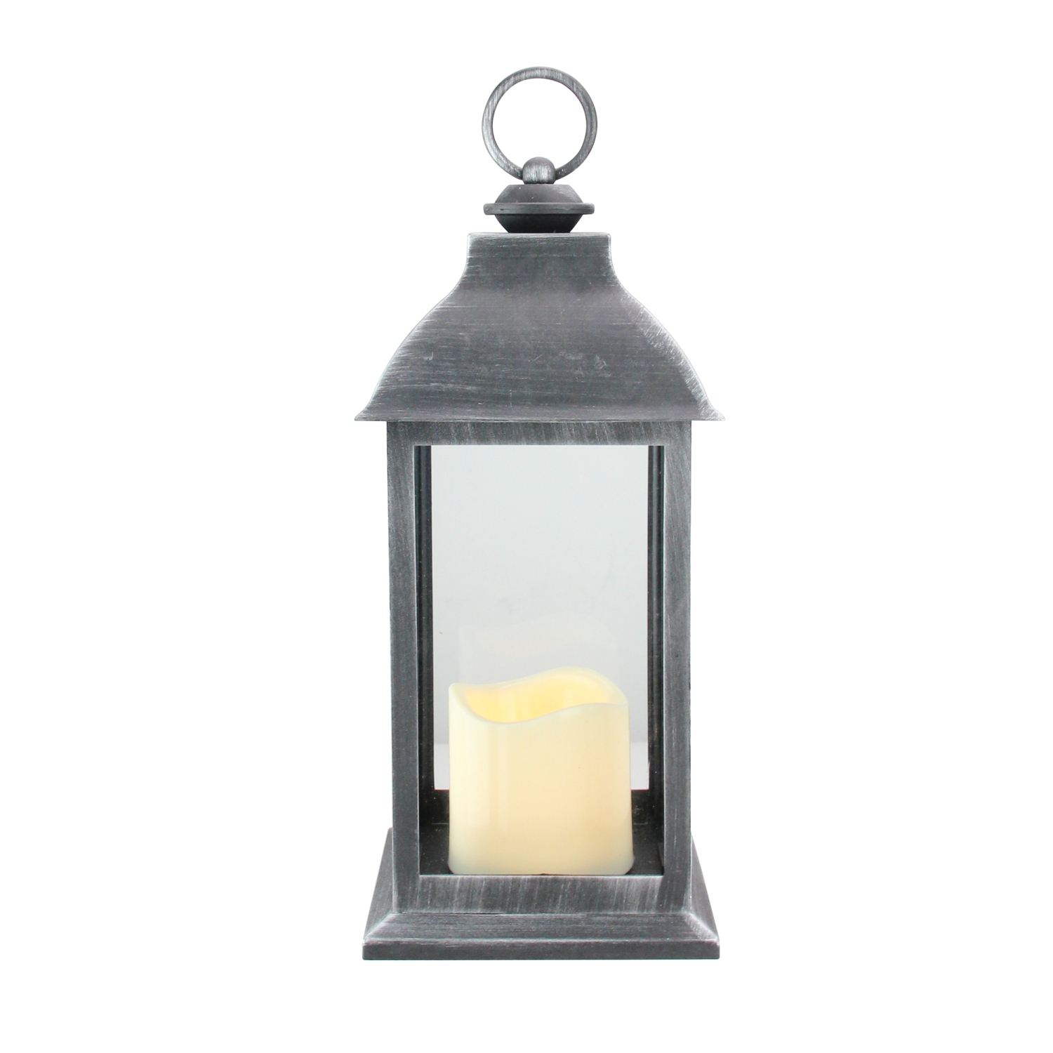 12.5" Silver Brushed Black Candle Lantern with Flameless LED Candle